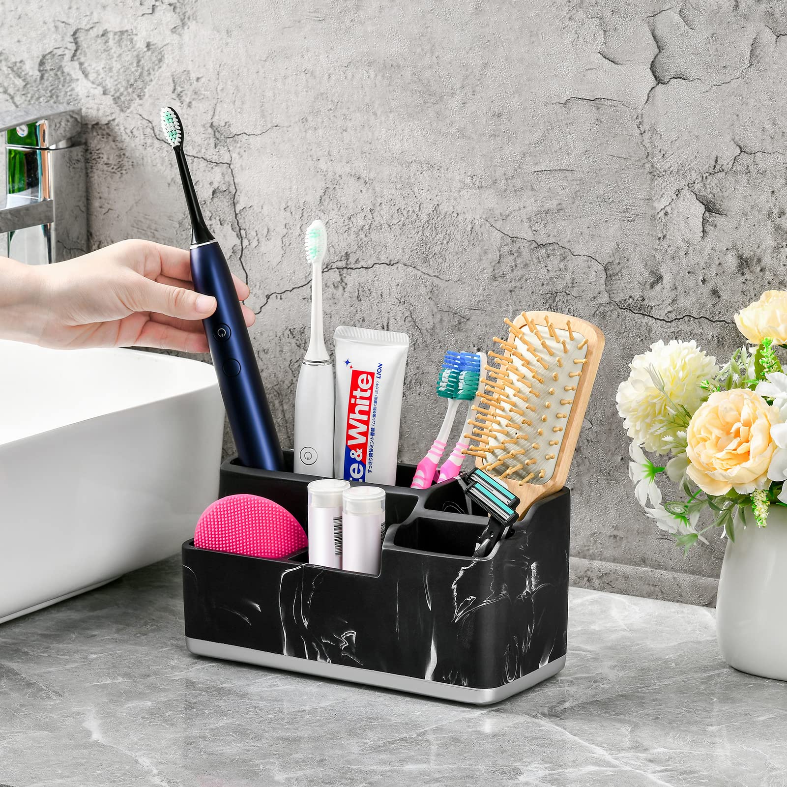 Vitviti Toothbrush Holders For Bathroom, Bathroom Organizer Countertop, 5 Compartment Bathroom Accessories Storage For Toothpast
