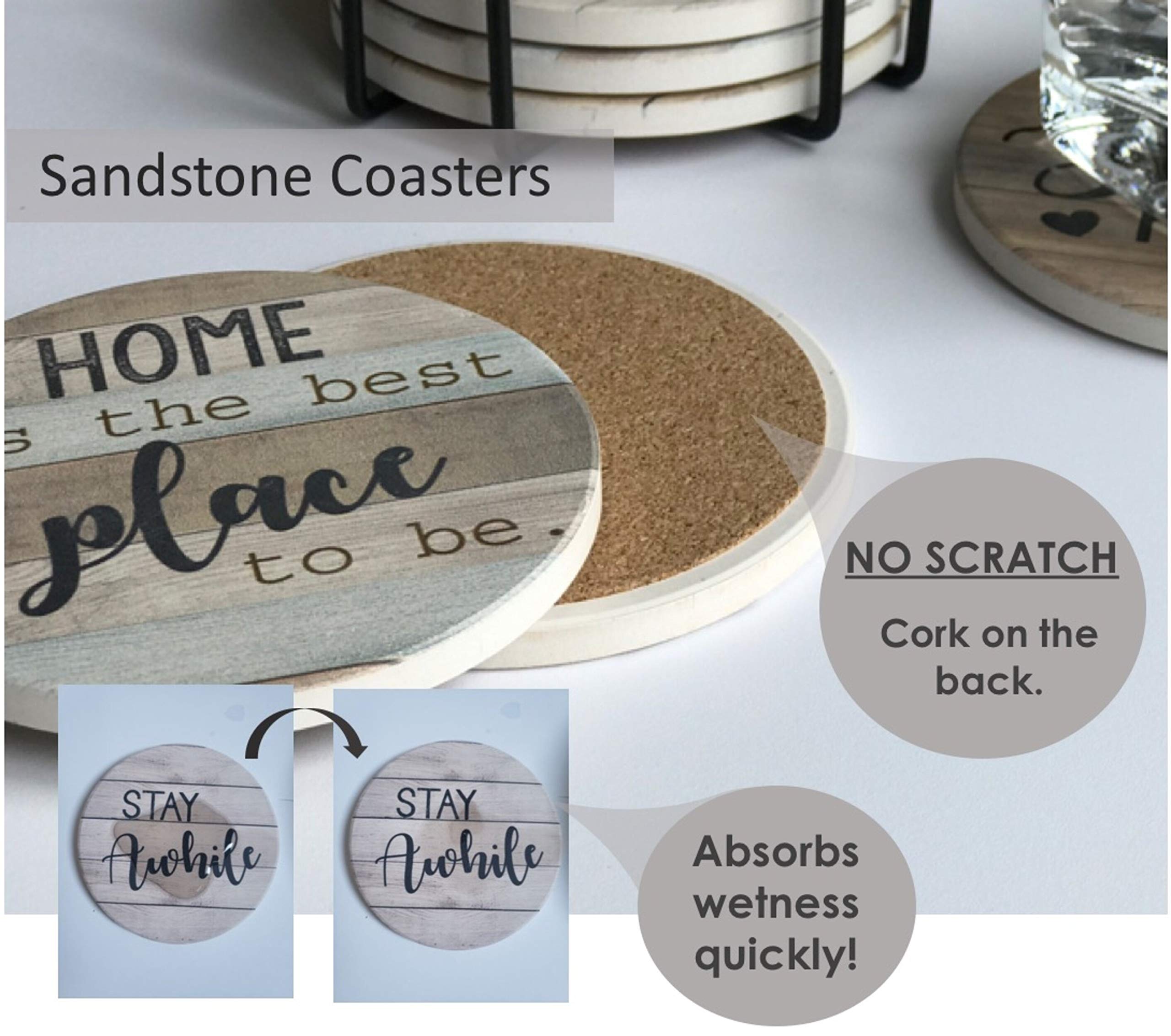 Panchh Rustic Farmhouse Stone & Cork Coasters For Drinks, Absorbent - Set Of 6 Coasters With Holder - Best Housewarming Gifts Fo