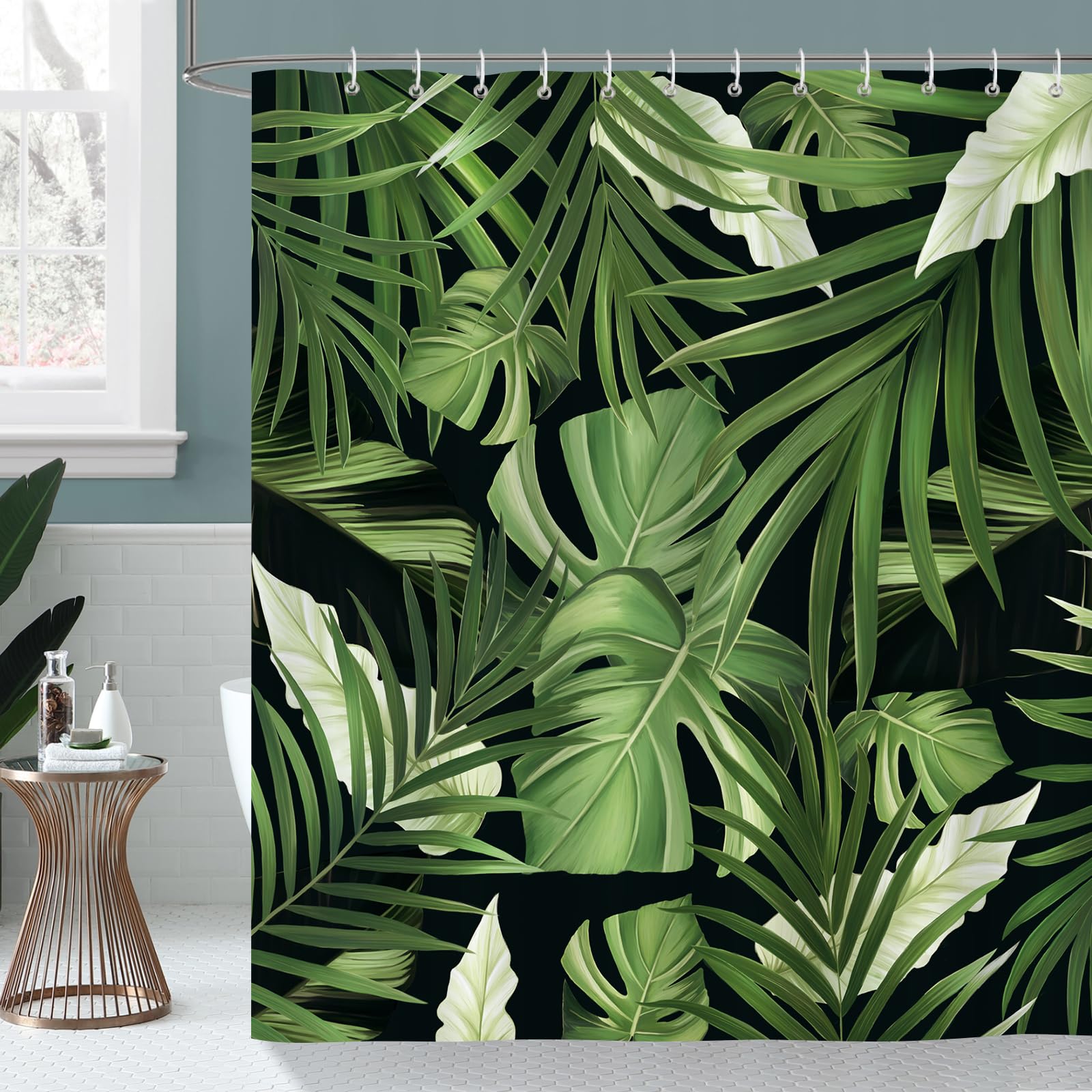 Bonhause Tropical Leaves Shower Curtain, Jungle Nature Theme Dark Green Palm Leaf Monstera Plant Bathroom Curtain 72X72 Inch Pol