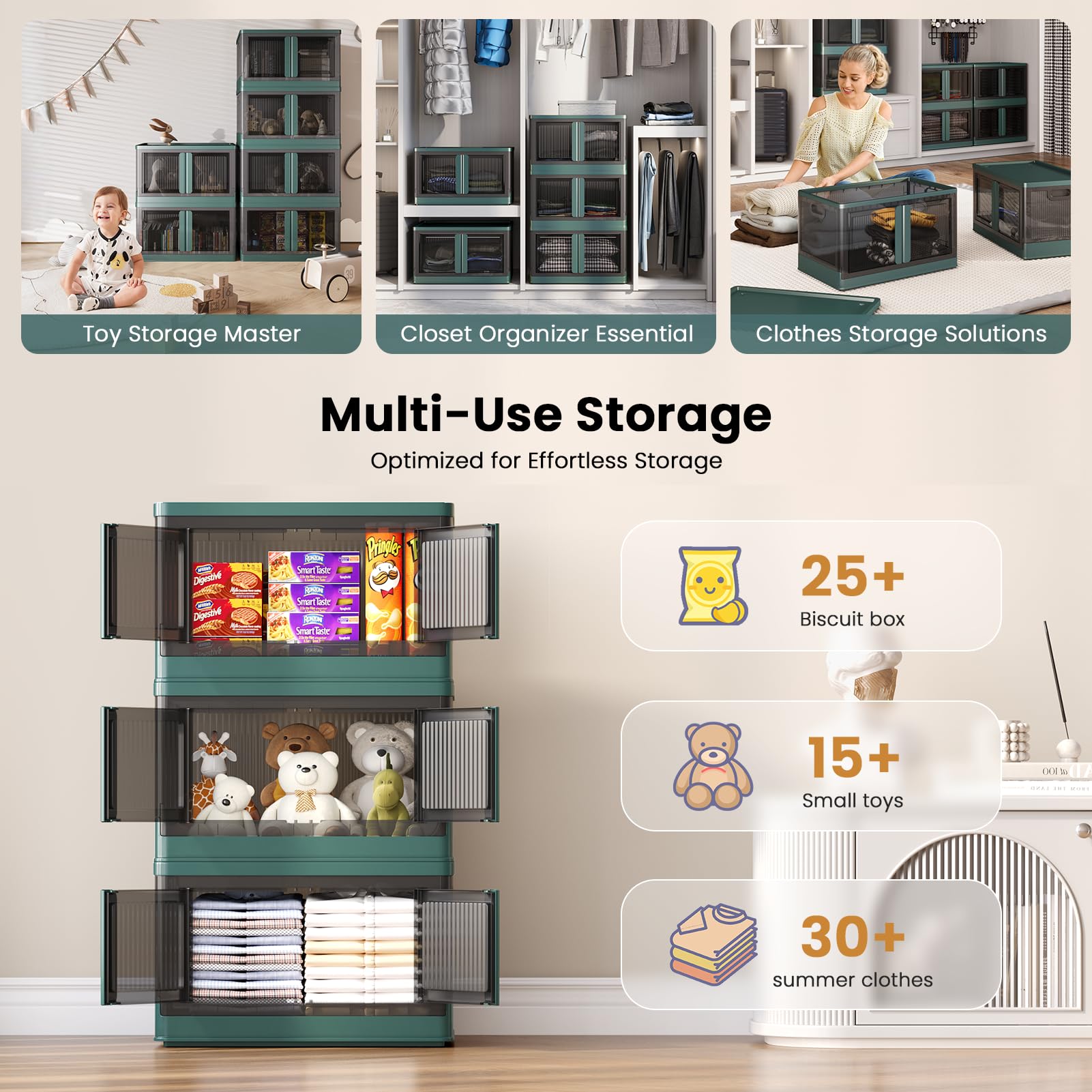 Sineda 4 Pack Storage Bins with Lids - 8.4 Gallon Collapsible Storage Bins with Wheels and Door  Stackable Storage Bins for Clothing  Blankets  Books  Bedding and Toys.(8.4Gal - 4Pack  Green)