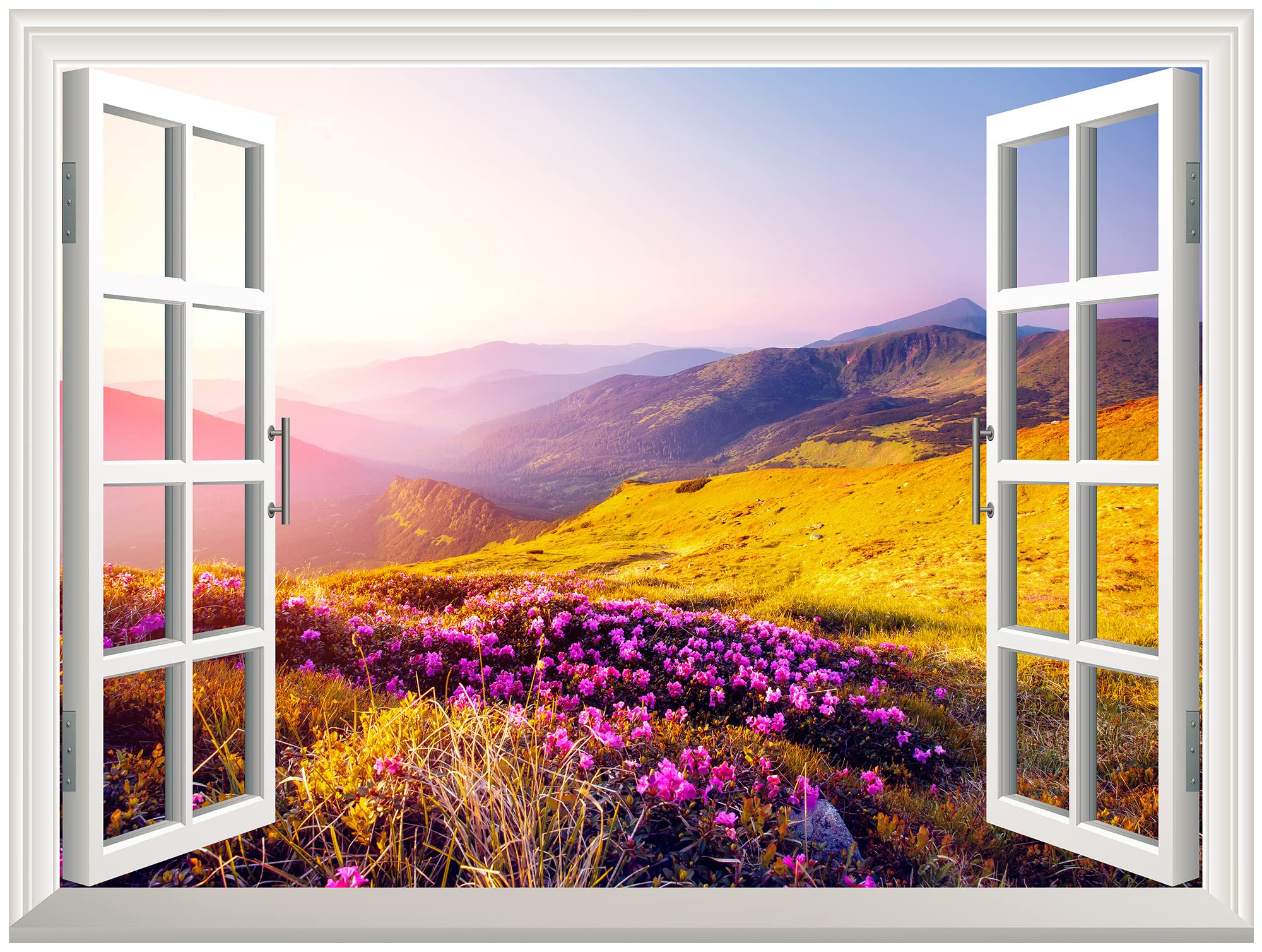 Wall26 Removable Wall Sticker/Wall Mural -Beautiful Moutain Landscape In Morning Light Out Of The Open Window Creative Wall Deco