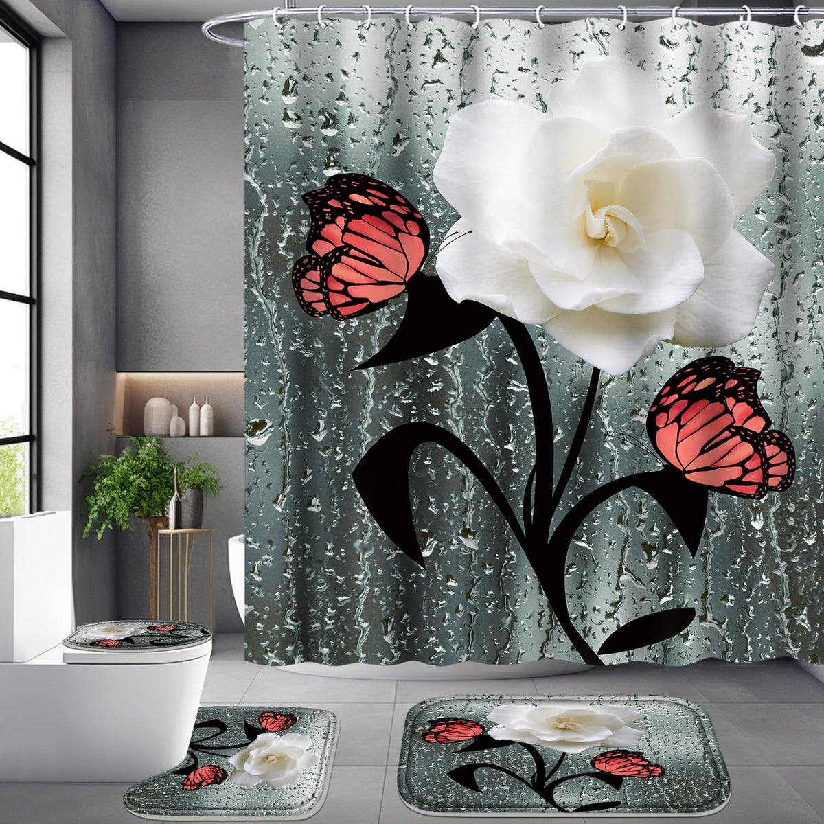 Poedist 4 Pcs Shower Curtain Set, White Gardenia Bathroom Set, Floral Shower Curtain Sets With Rugs(Bath Mat,U Shape And Toilet