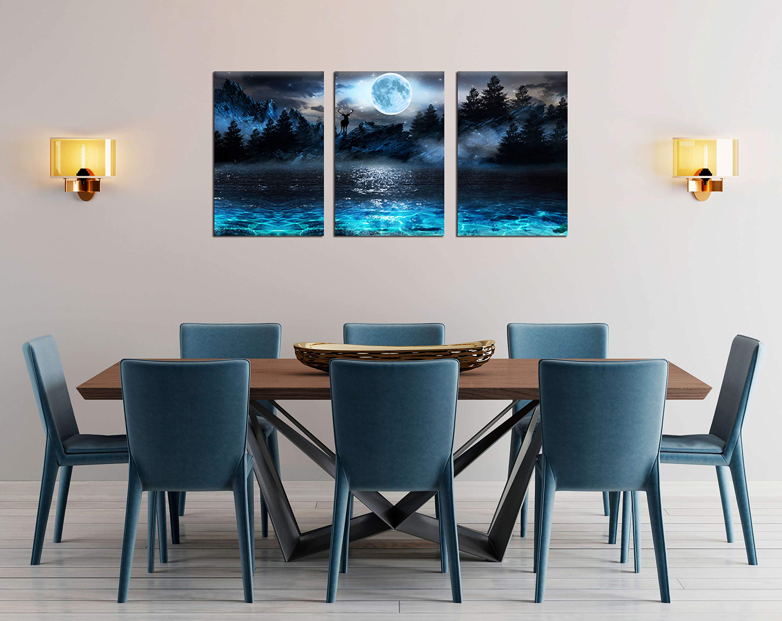Aburaeart Moon Wall-Art - Deer Ocean Landscape Picture Wall Art For Living Room Modern Wall Decor For Bedroom - 3 Piece Canvas W