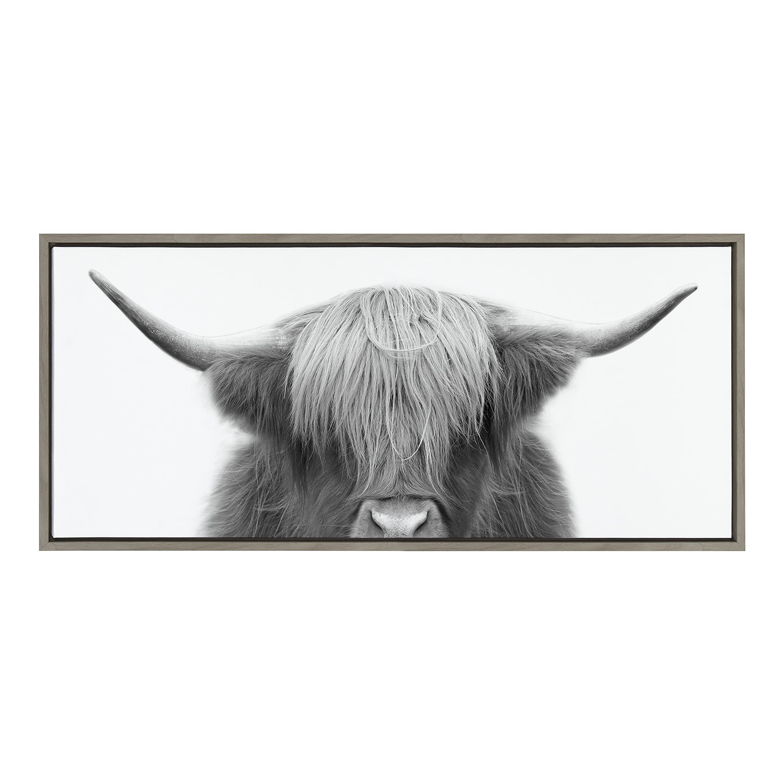 Kate And Laurel Sylvie Hey Dude Highland Cow Framed Canvas Wall Art By The Creative Bunch Studio, 18X40 Gray, Rustic Cow Art For