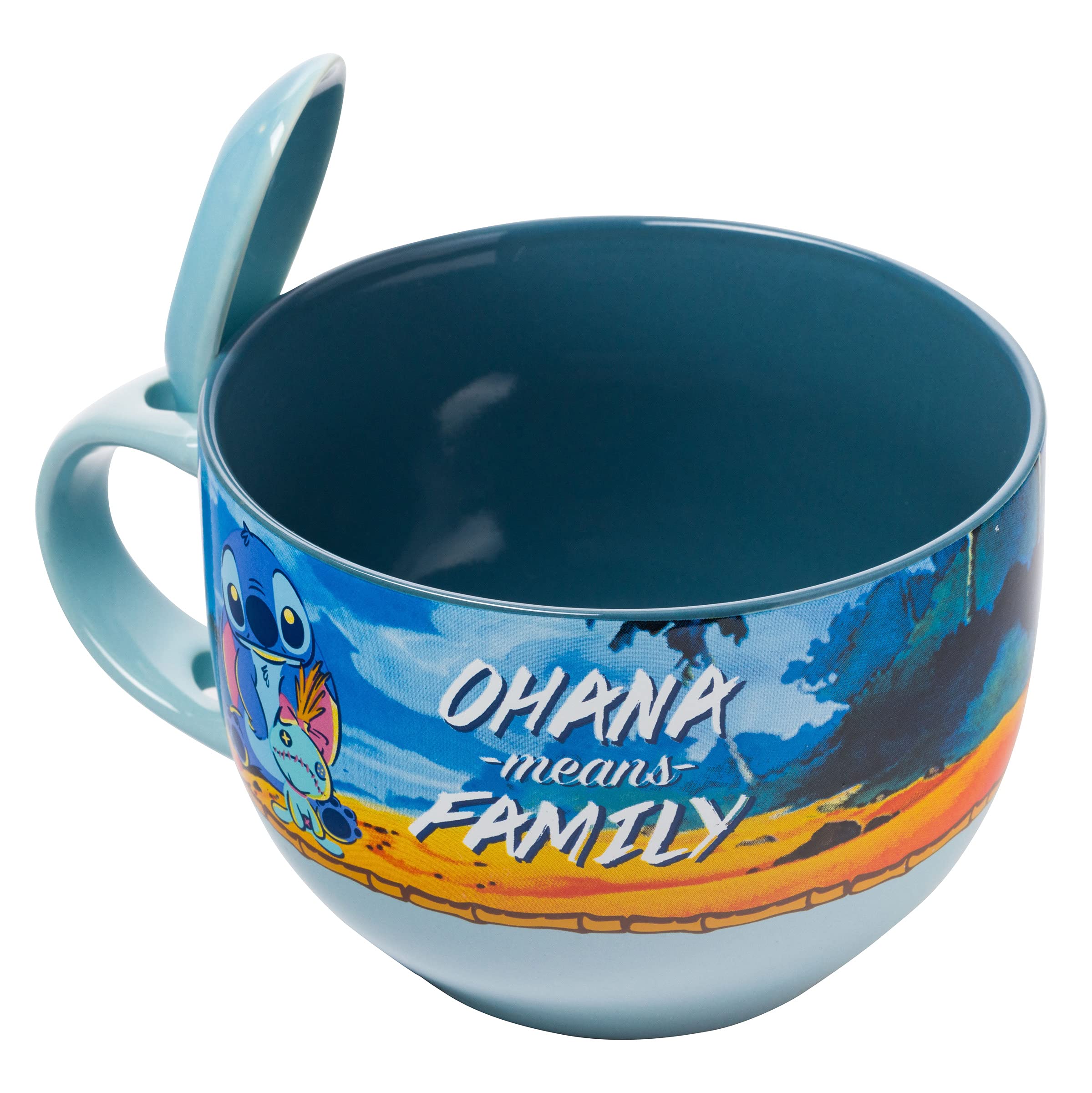 Silver Buffalo Stitch And Scrump Ohana Means Family Boxed Ceramic Soup Mug Spoon Set, 24 Ounces
