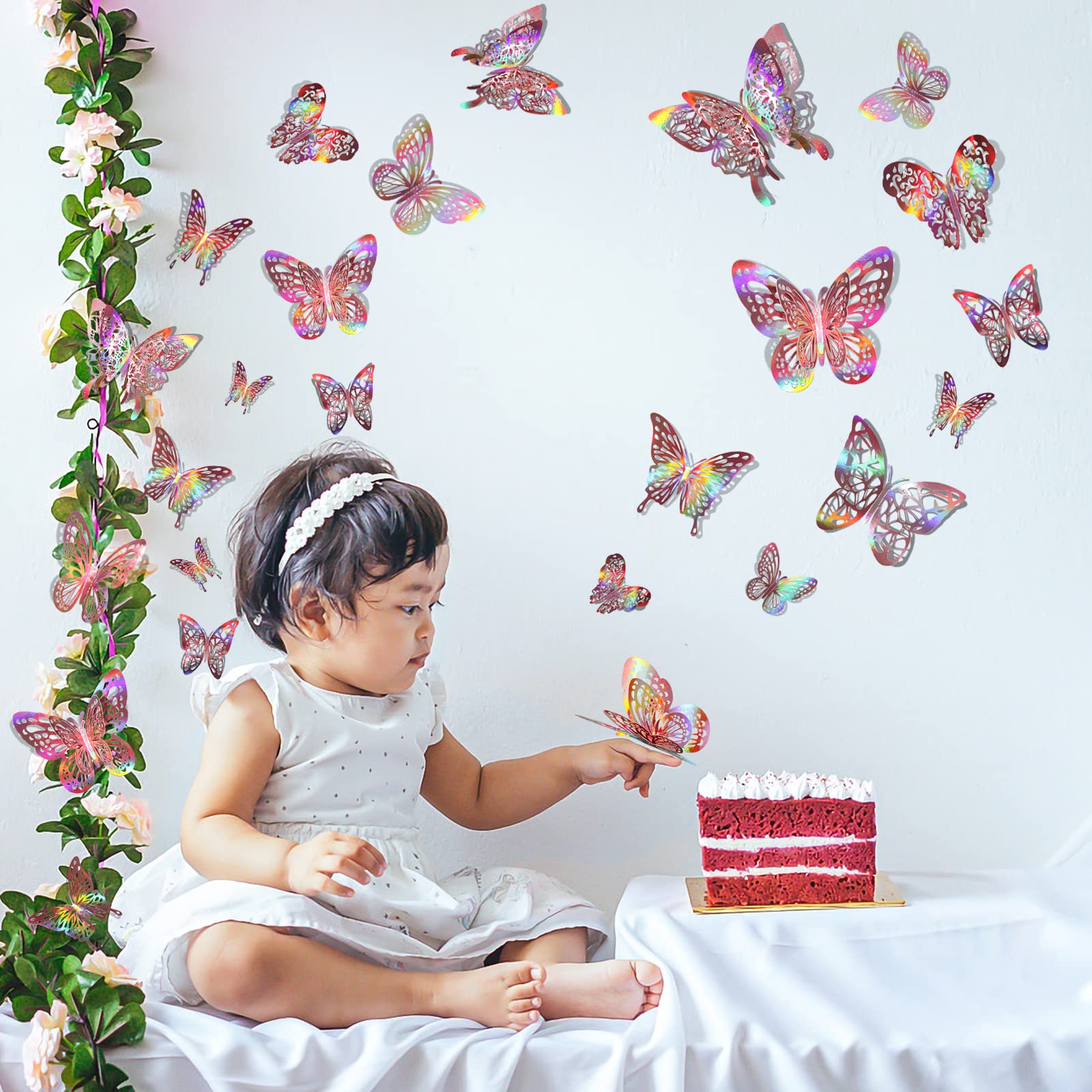 60 Pcs 3D Butterfly Wall Decor Stickers Iridescent Rose Gold Butterfly Decorations Party  Holographic Butterflies Decor Butterfly Decals for Kids Bedroom Classroom Wedding Decor DIY Gift