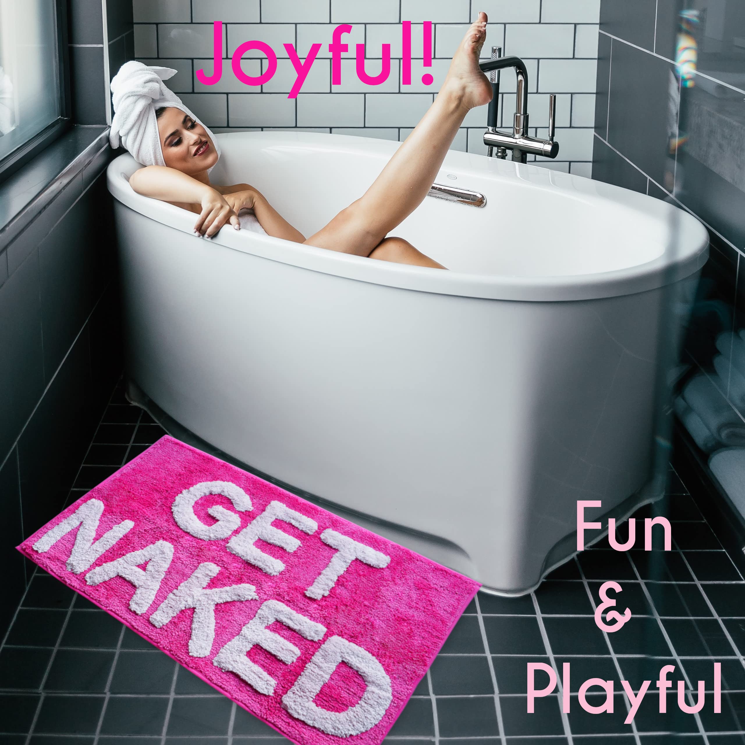 Evovee Get Naked Bath Mat Hot Pink with Light Pink Text Funny Cute Bathroom Rugs Magenta Peach Dark Pink Rug Shower Funny Bathroom Decor for Girls Women Fun Cute Non-Slip College Apartment