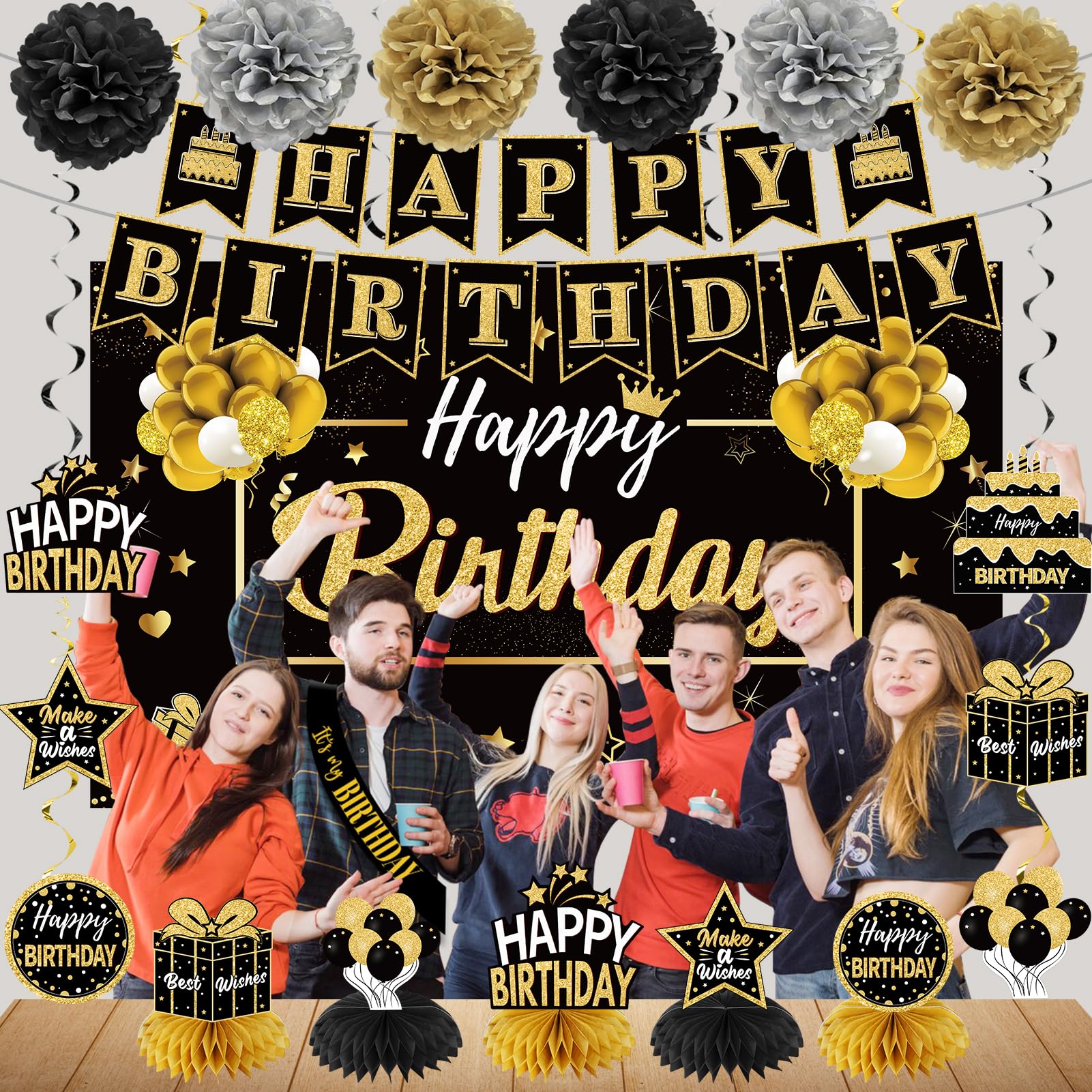 Zirtorei 20Pcs Black And Gold Birthday Party Decorations Kit For Men Women, Happy Birthday Banner Backdrop Honeycomb Centerpiece