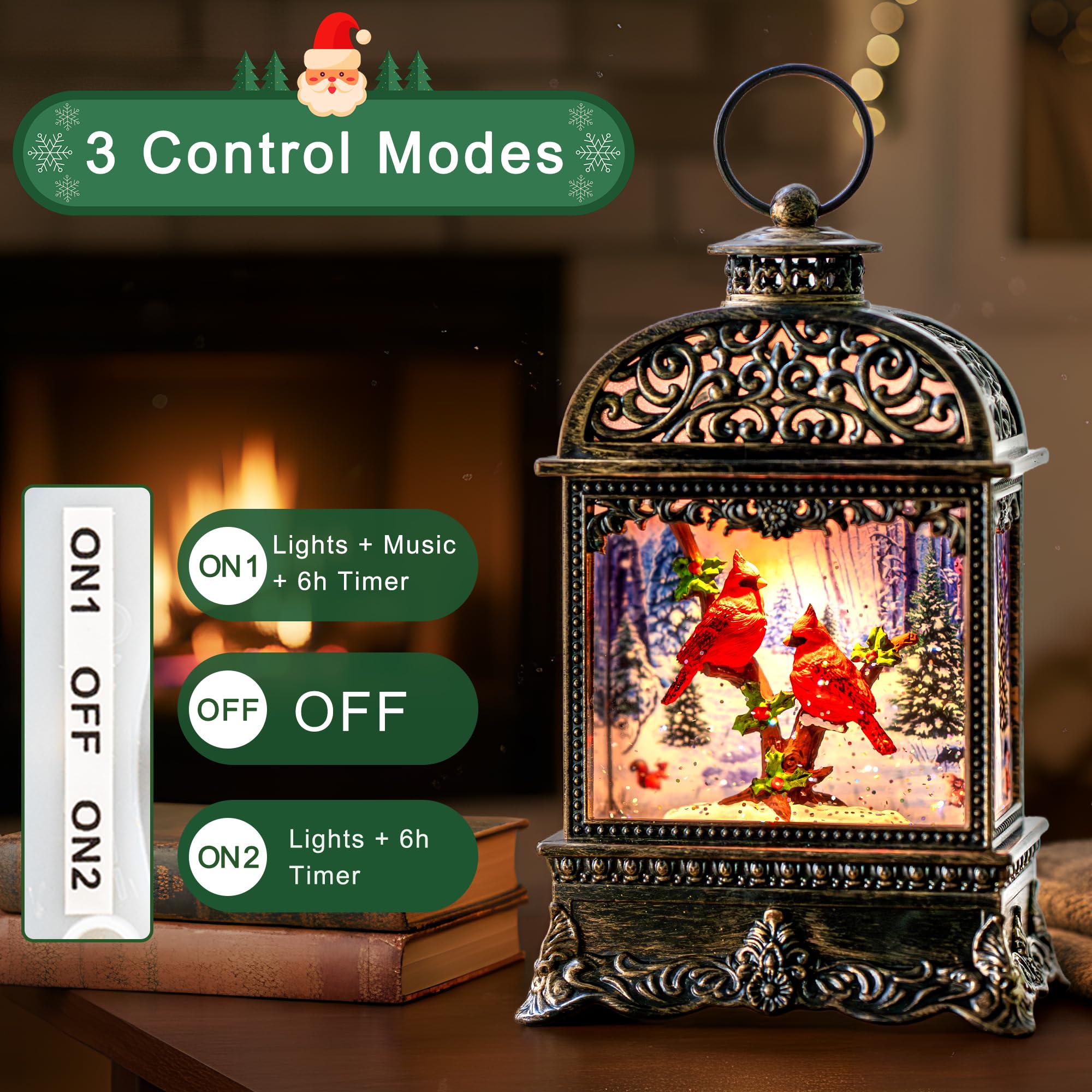 Christmas Snow Globe Water Lantern with Cardinal Scene Battery Operated or USB Powered Musical Lighted Holiday Decoration for Ta