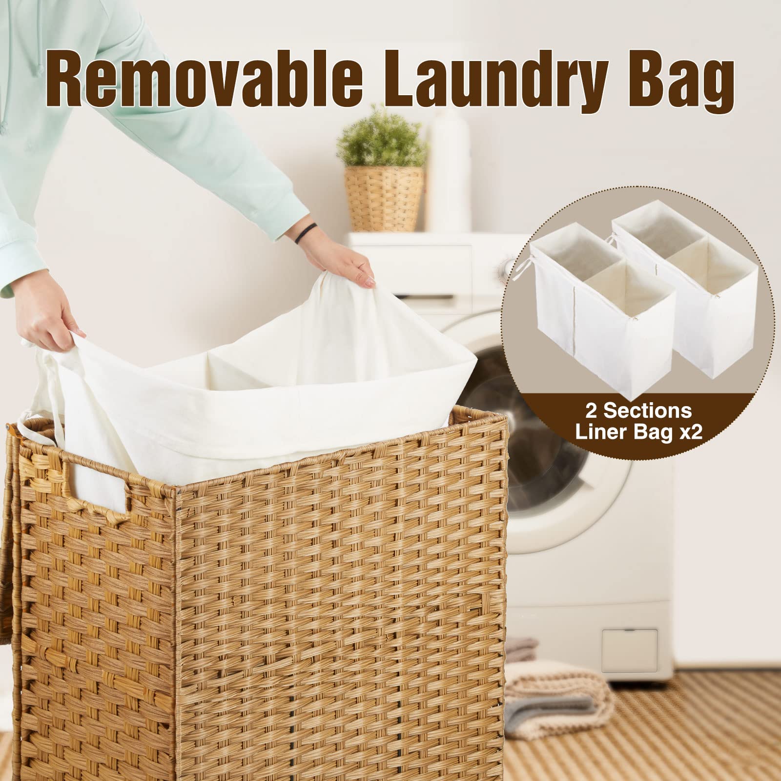Greenstell Laundry Hamper with Wheels  No Install Needed  110L Divided Handwoven Hampers & 2 Removable Liner Bags  Synthetic Rattan Clothes Laundry Basket with Lid & Handles  Foldable Hampers Natural