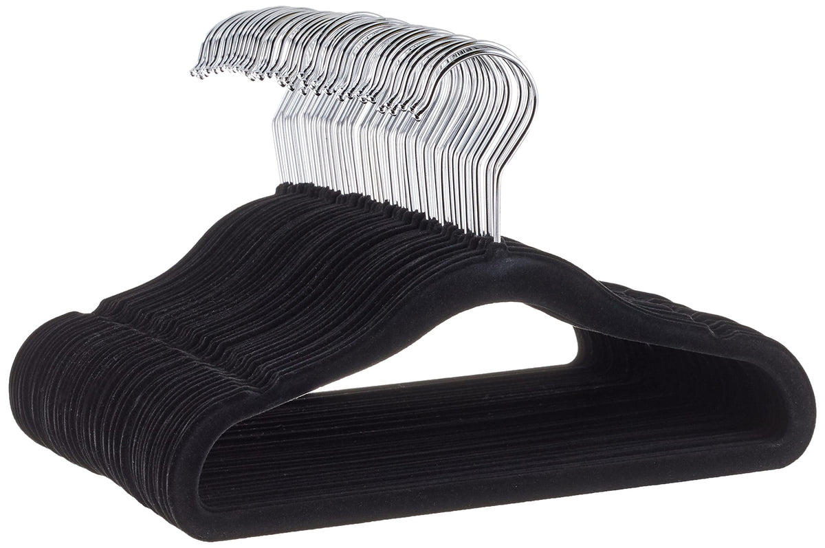 Amazon Basics Kids Velvet, Non-Slip Clothes Hangers For Infant And Toddler, 11.6 Inches (For Baby Clothes), Pack Of 50, Black
