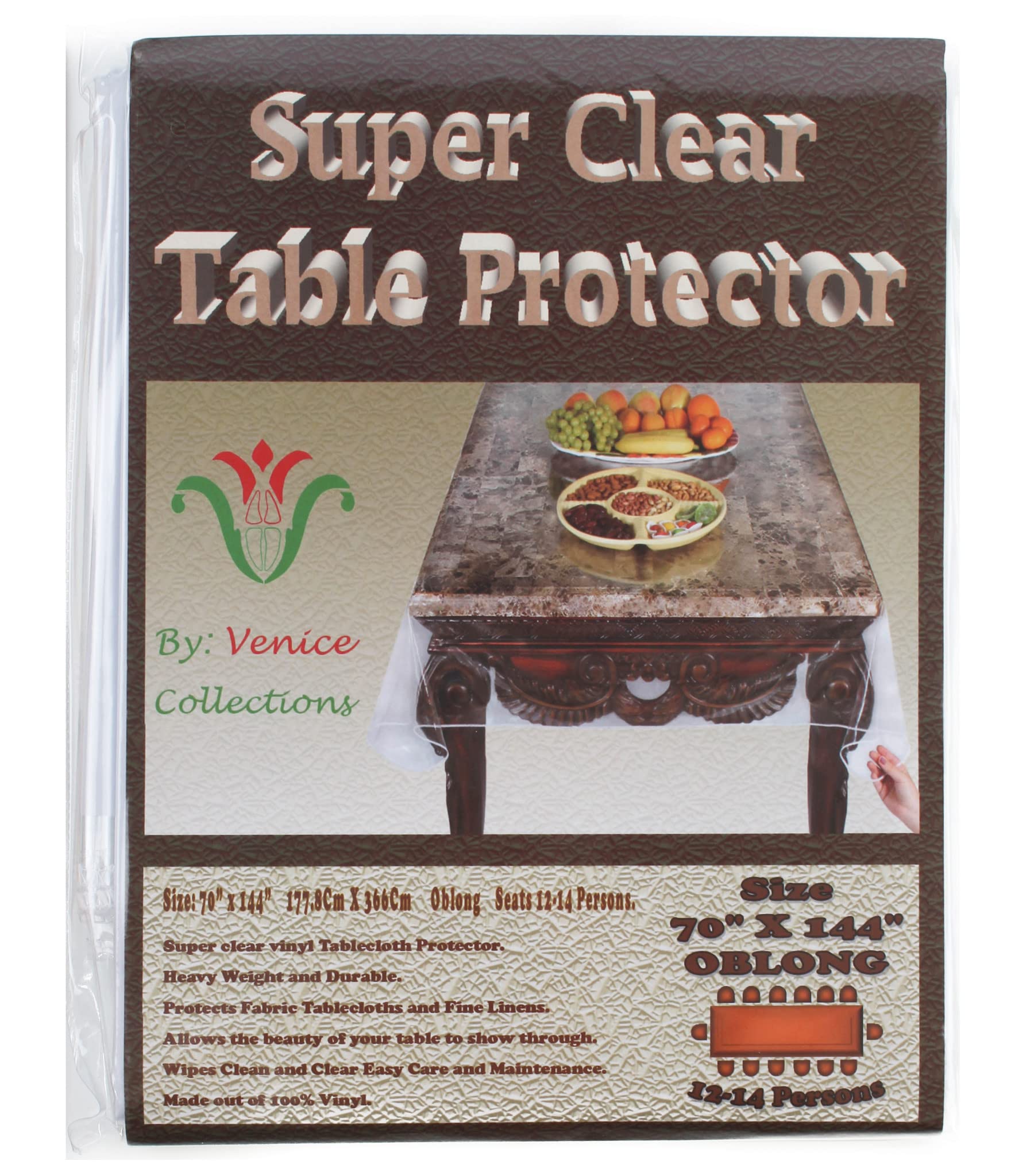 Venice Collections Super Clear Extra Heavy Duty, 100% Vinyl Durable Tablecloth Protector & Table Cover Size 70 X 144 Inches Rect