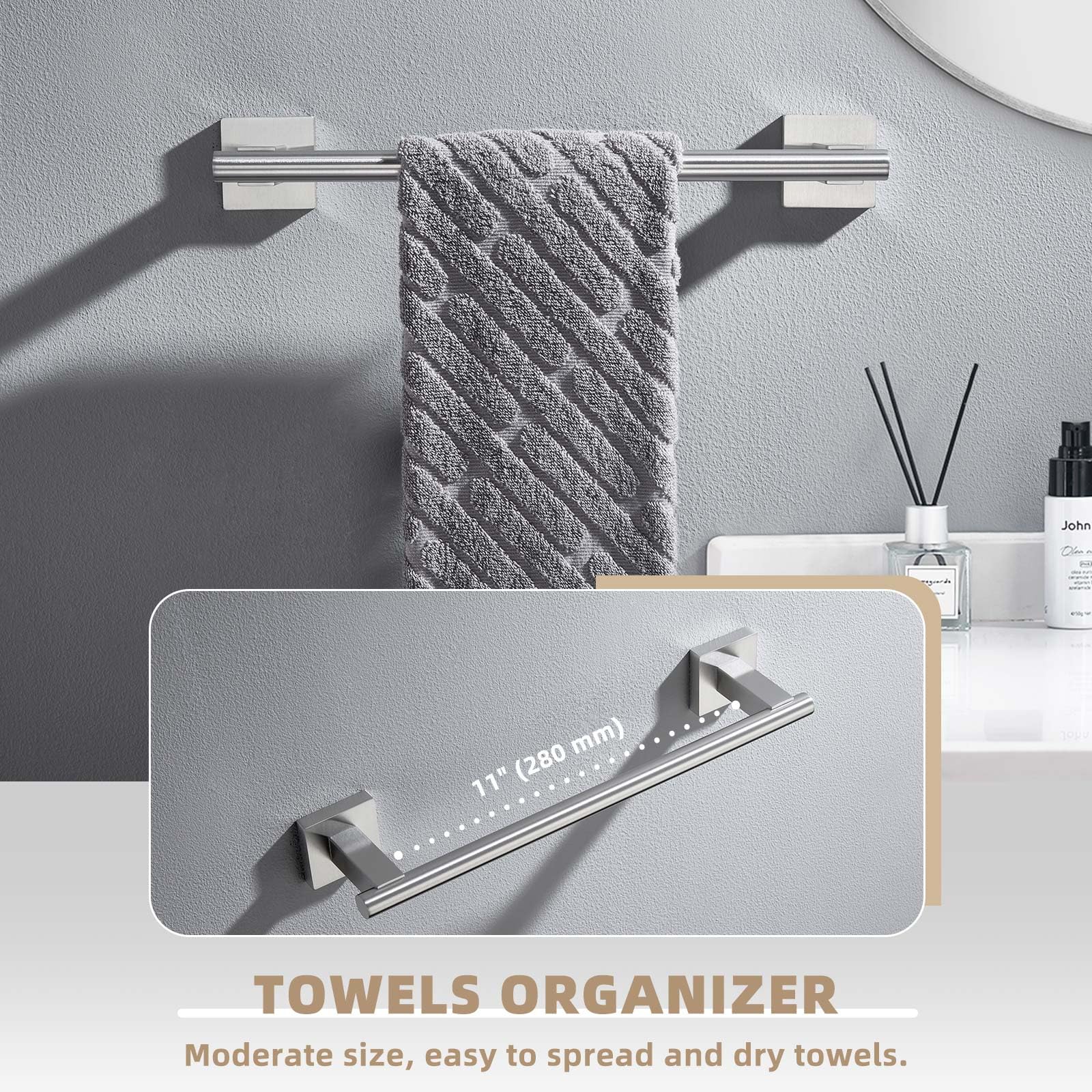 Suyar Bathroom Towel Holder Brushed Nickel, Sus 304 Stainless Steel Hand Towel Bar For Wall, 13.78 Inch