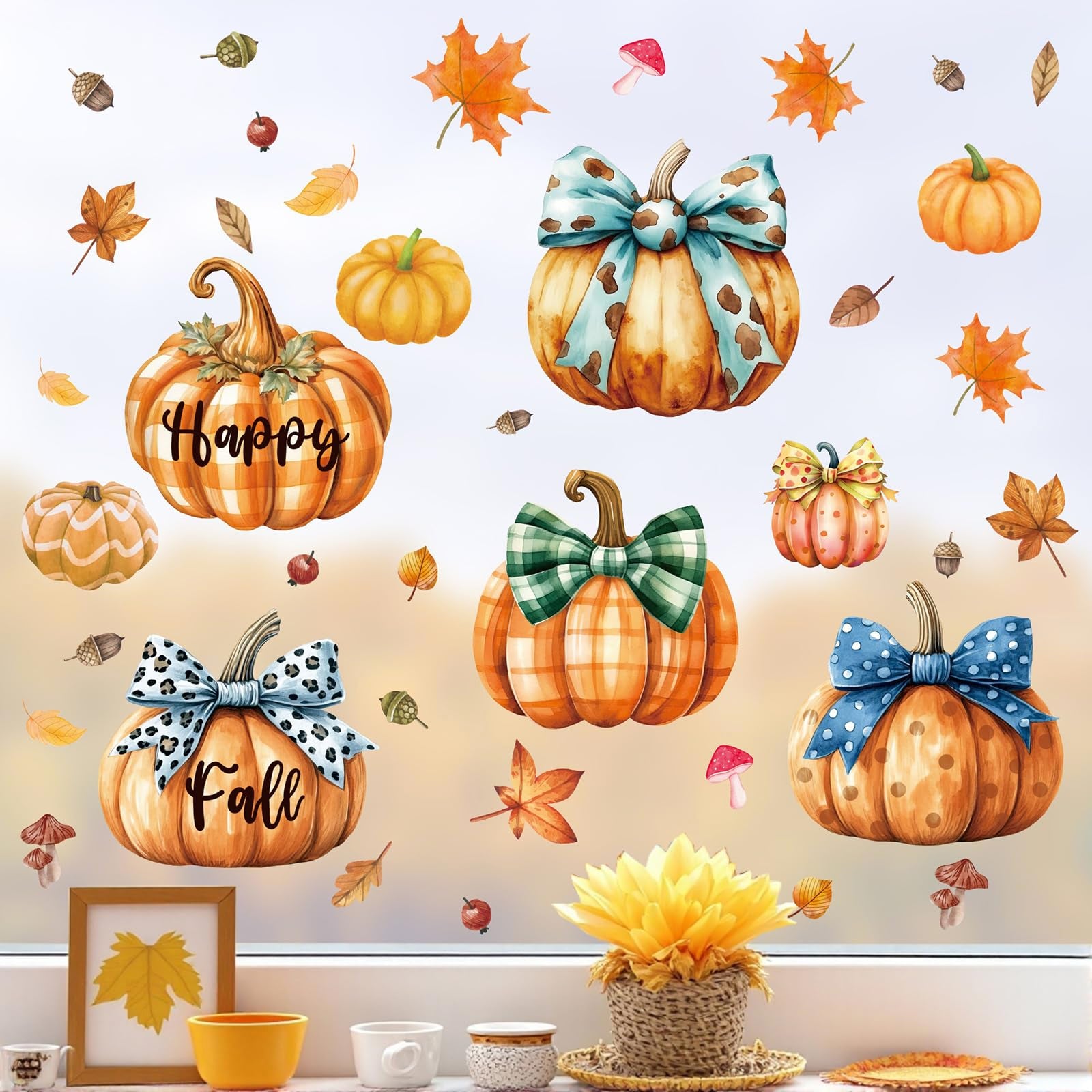 Ausril Happy Fall Window Clings,Maple Leaves Pumpkins Wall Decals,Fall Pumpkin Window Stickers,Autumn Harvest Decals for Glass,H
