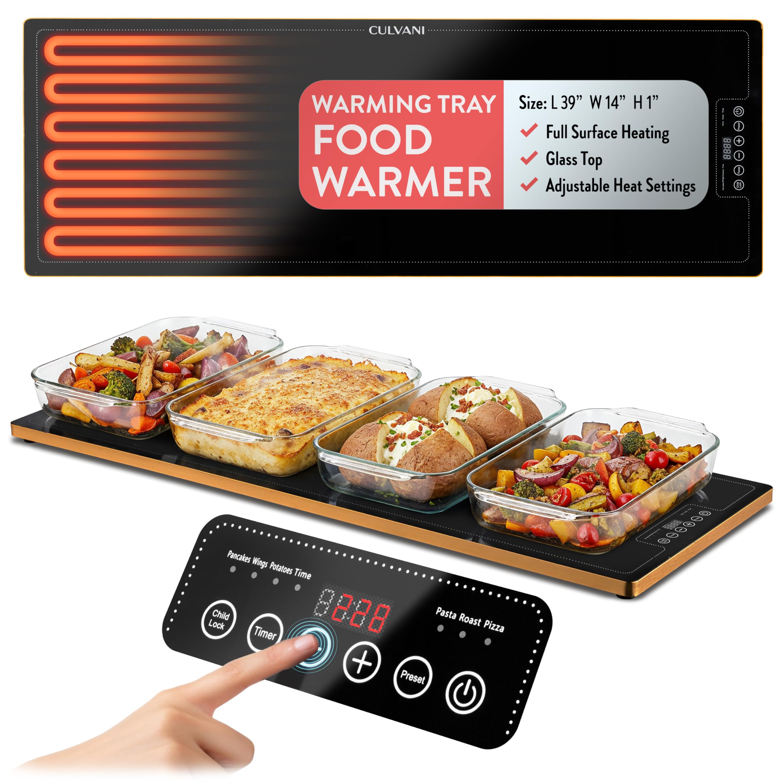Culvani Electric Warming Tray for Food | 39x14 XL Thermaplate Electric Food Warmer for Kitchen & Buffet | 1 Thin Countertop Hot 