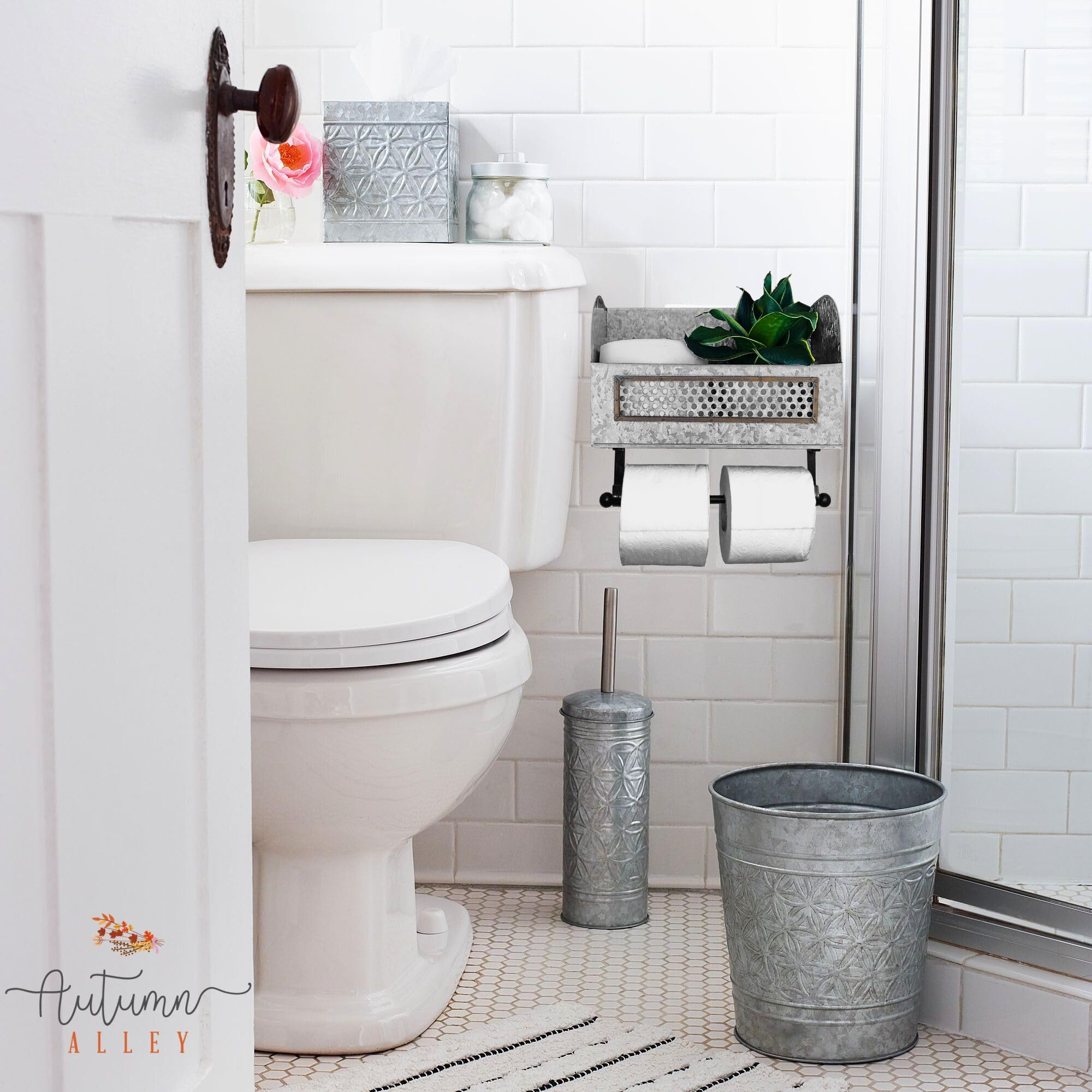 Autumn Alley Farmhouse Galvanized Toilet Paper Holder With Shelf - Durable Wall Mount Tissue Paper Holder For Farmhouse Bathroom