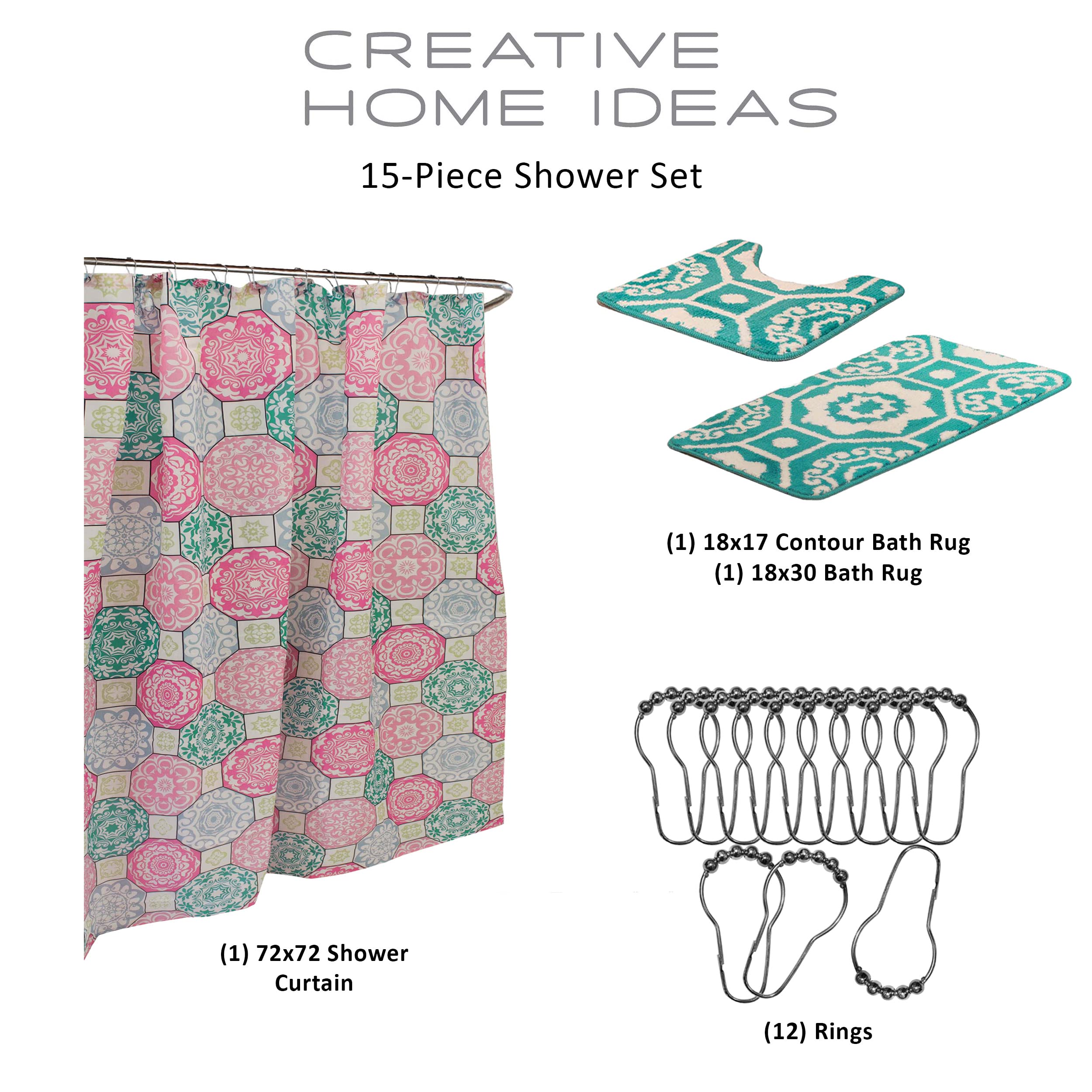 Creative Home Ideas 15-Piece Bathroom Shower Curtain Set - Set of 1 Shower Curtain & 12 Metal Hooks & 1 Bath Mat & 1 Contour Mat  Modern Bathroom D?or  Machine Washable  Addison Pink/Blue/Green