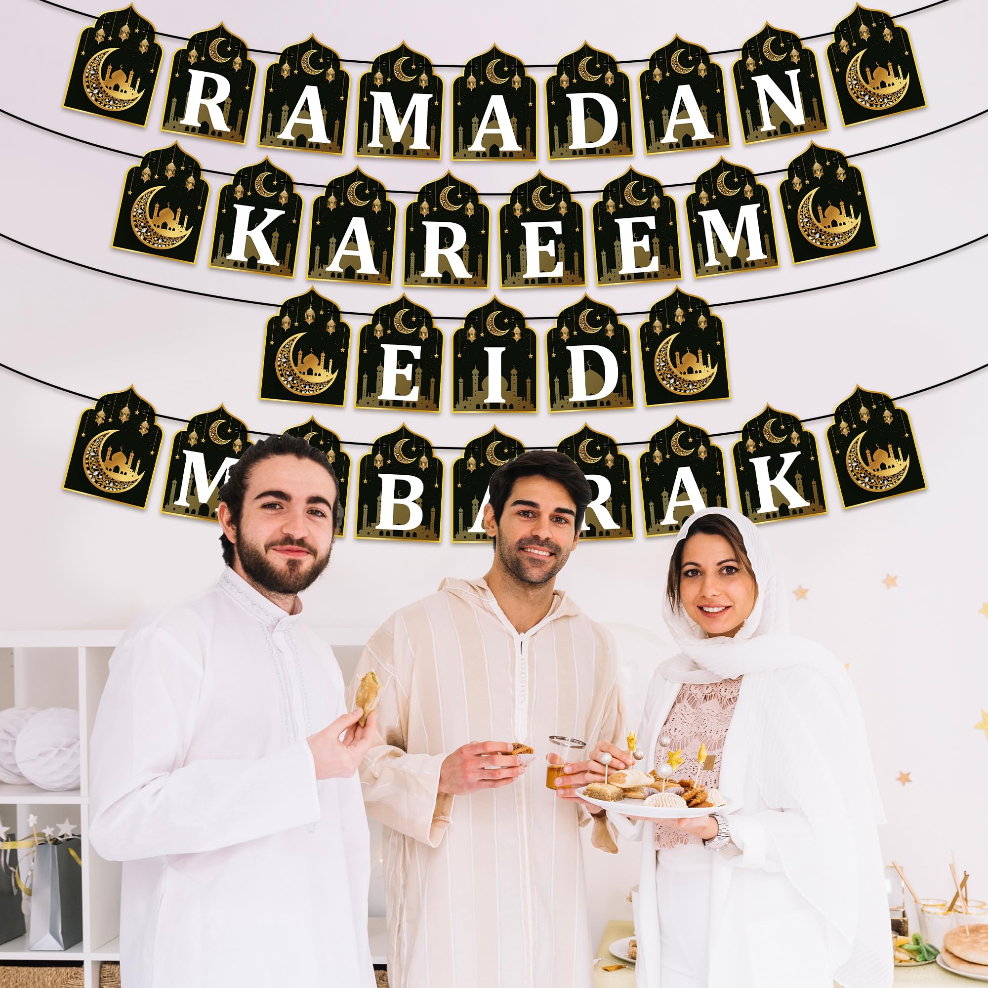 Watinc 4Pcs Ramadan Kareem Banner Eid Mubarak Decoration, Ramadan Hanging Banners Decor, No Diy Needed Eid Mubarak Al-Fitr Iftar
