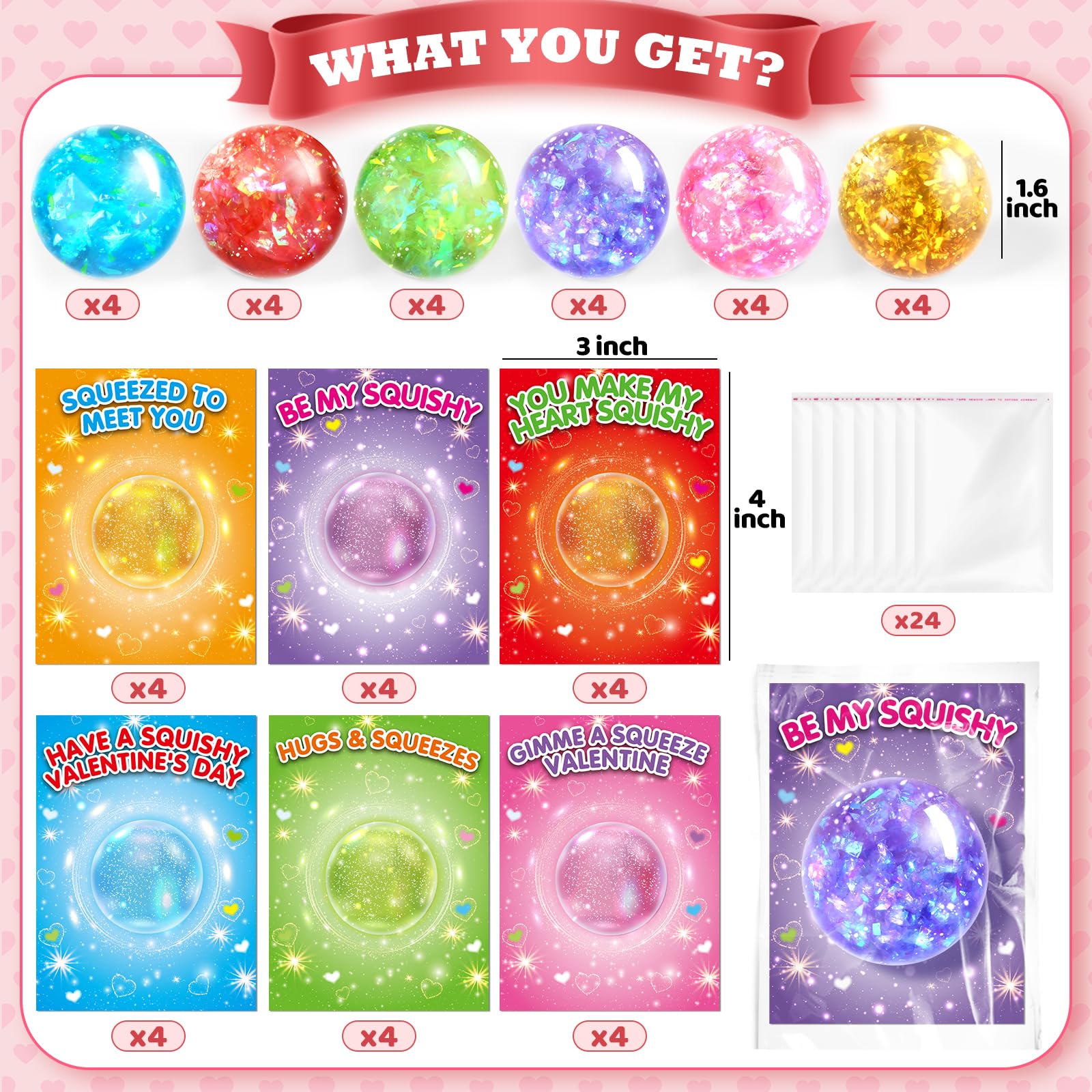 Springflower Valentines Day Cards For Kids, 24 Pack Valentines Party Favors For Kids With Stretchy Balls Toys, Classroom Valenti