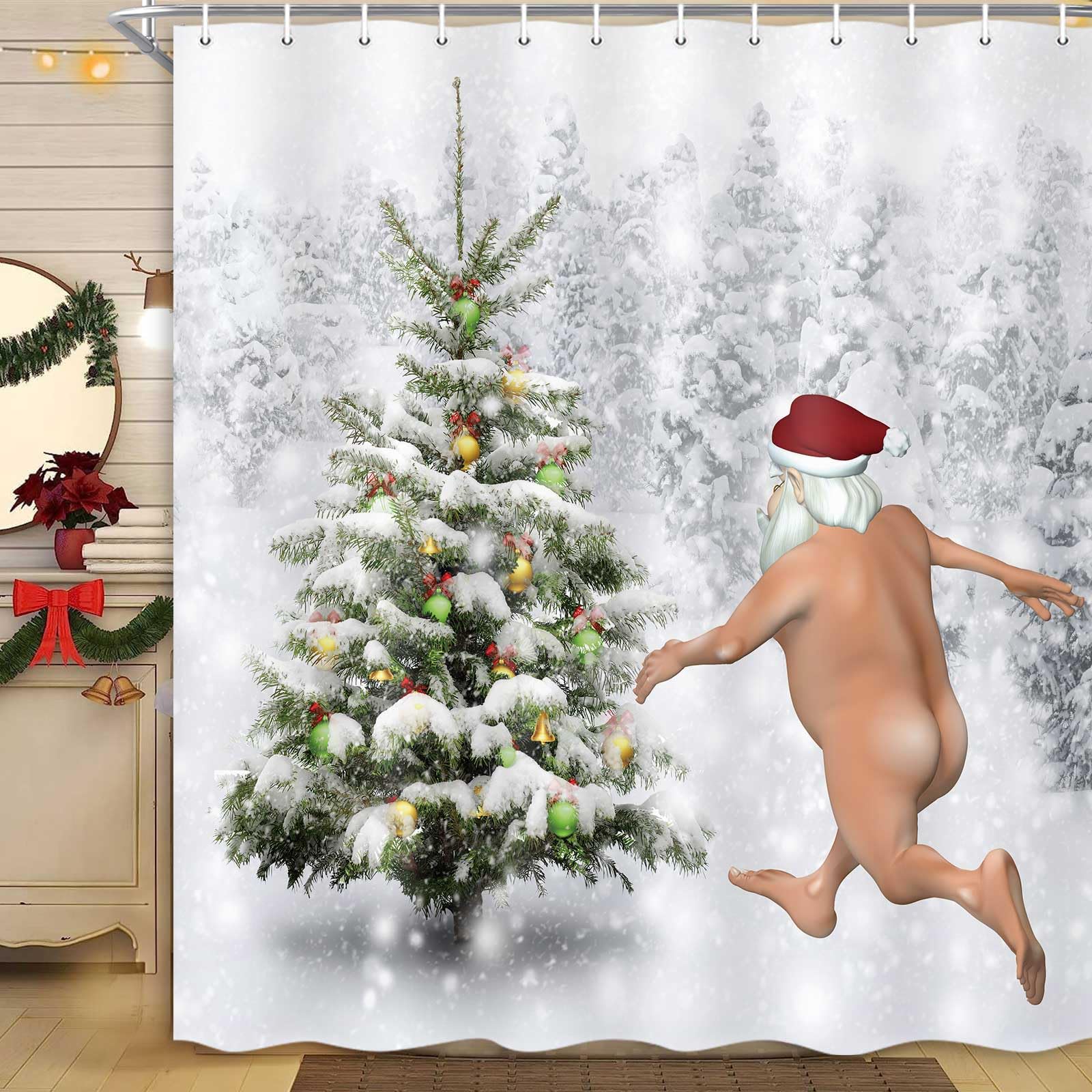Merchr Funny Christmas Santa Claus Shower Curtain, Christmas Tree Winter Forest Snowflake Bathroom Curtains, Durable Waterproof