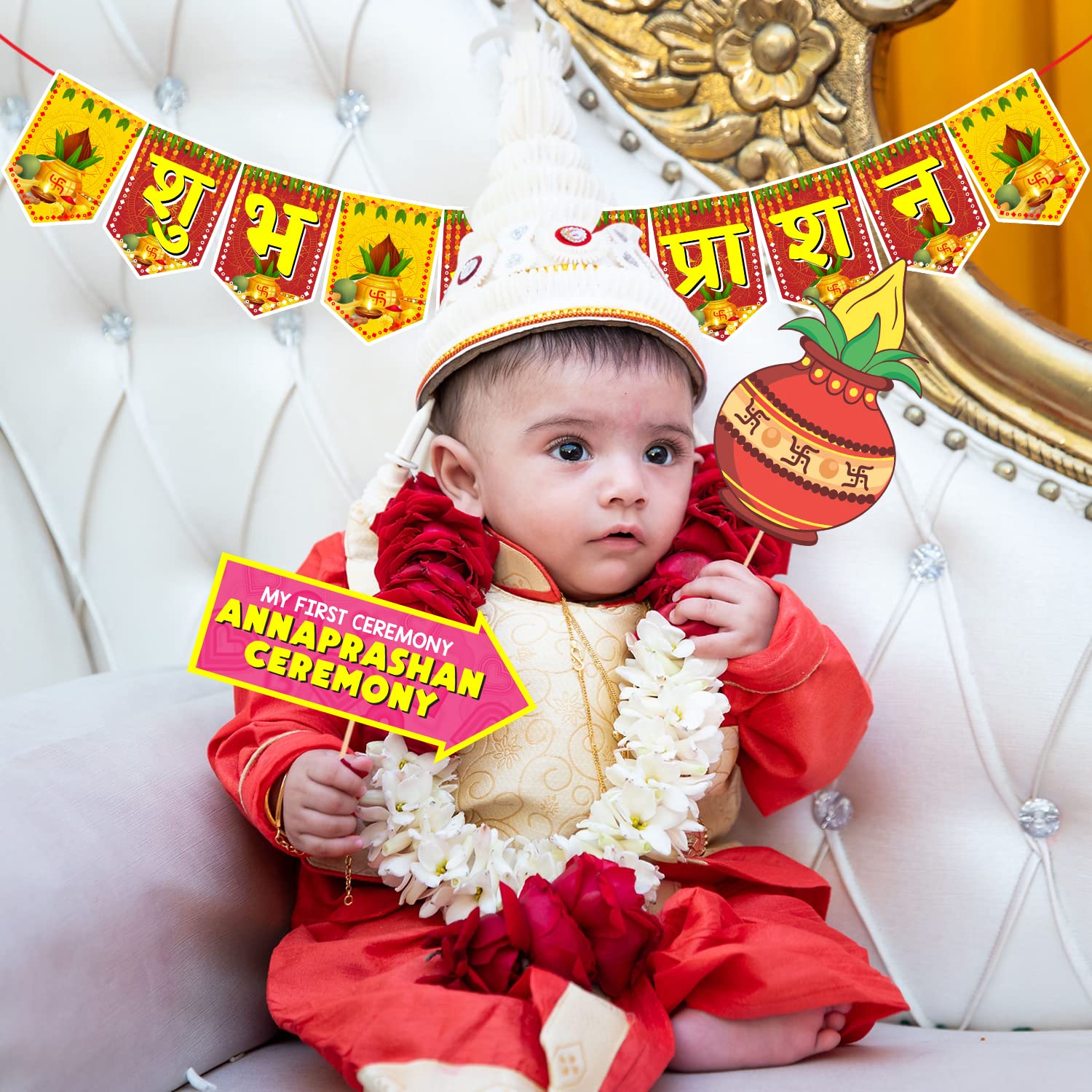 Zyozique Annaprasanam Photo Booth Props With Annaprasanam Paper Banner Hindi Font Shubh Annaprashan Yellow & Red Color Font/Rice