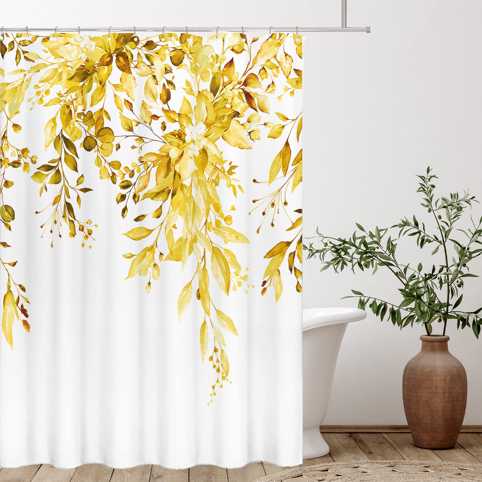 Tititex Yellow Eucalyptus Shower Curtain Sets, Watercolor Bright Leaves On The Top Plant With Floral Bathroom Decoration 60X72 I