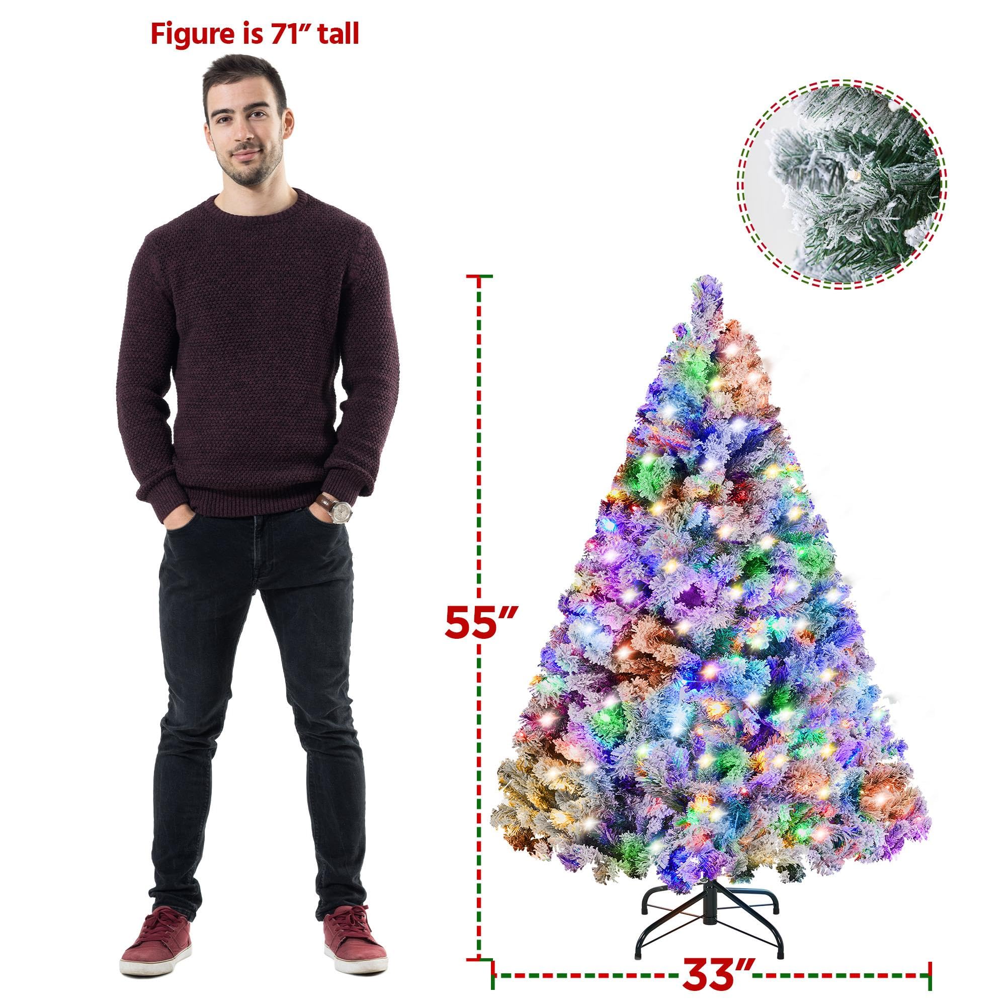Yaheetech 4.5ft Pre-lit Spruce Artificial Christmas Tree Snow Flocked Hinges Tree with 100 Multicolor LED Lights & 340 Branch Ti
