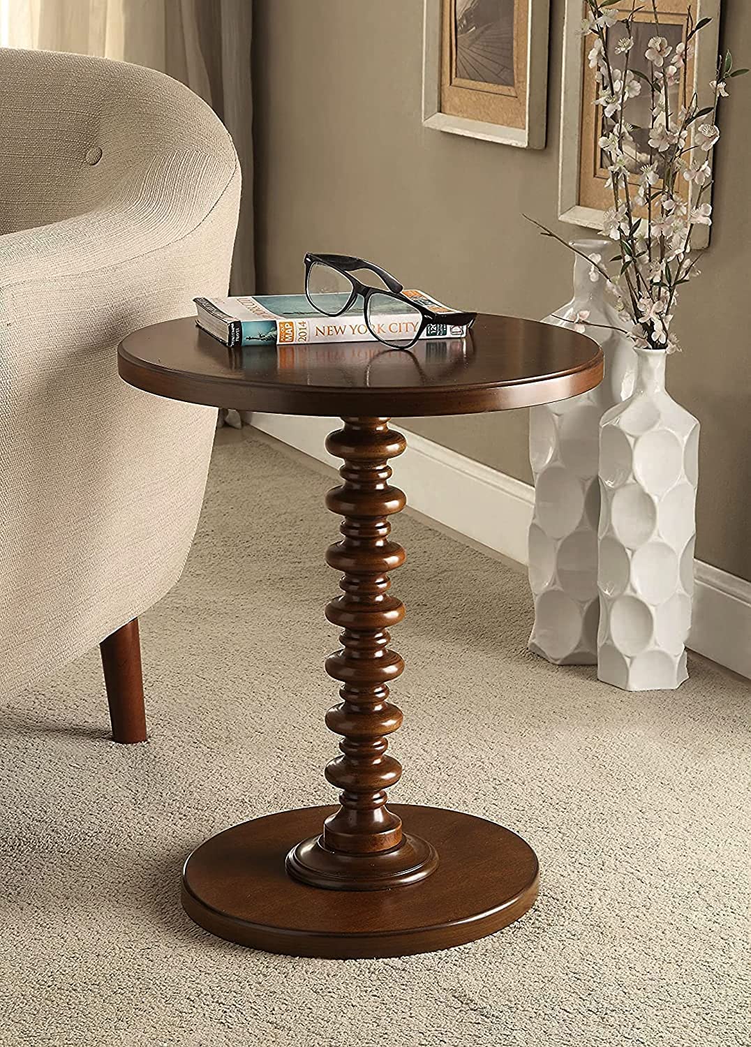 Brown Arts Shoppee Round Coffee End Tables For Living Room, Accent Furniture Pedestal Coffee Table, Decor Side Tables For Bedroo