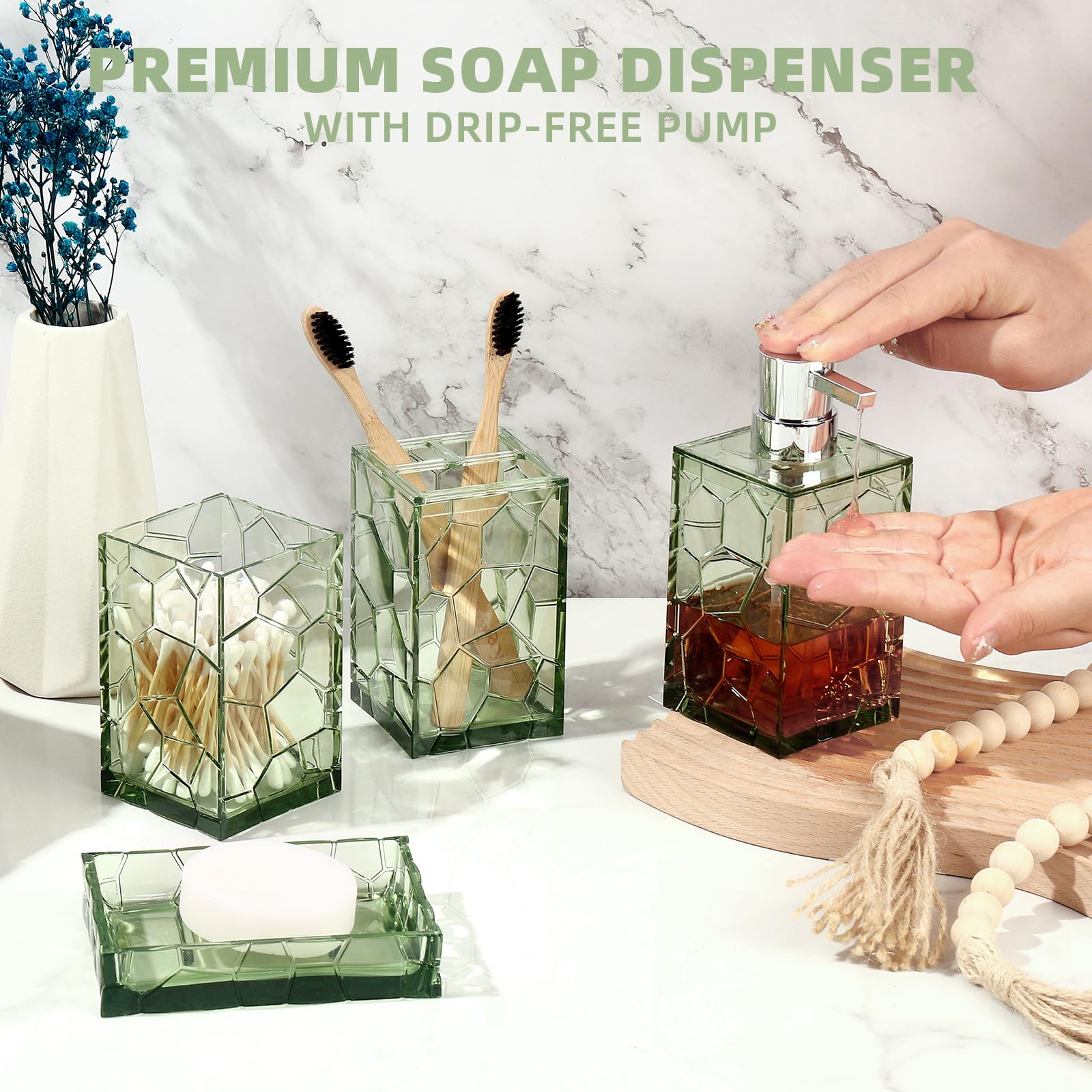 Gahefy Green Bathroom Accessories Set With Toothbrush Holder, Soap Dispenser, Tumbler, Soap Dish, Sage Green Bathroom Decor, Acr
