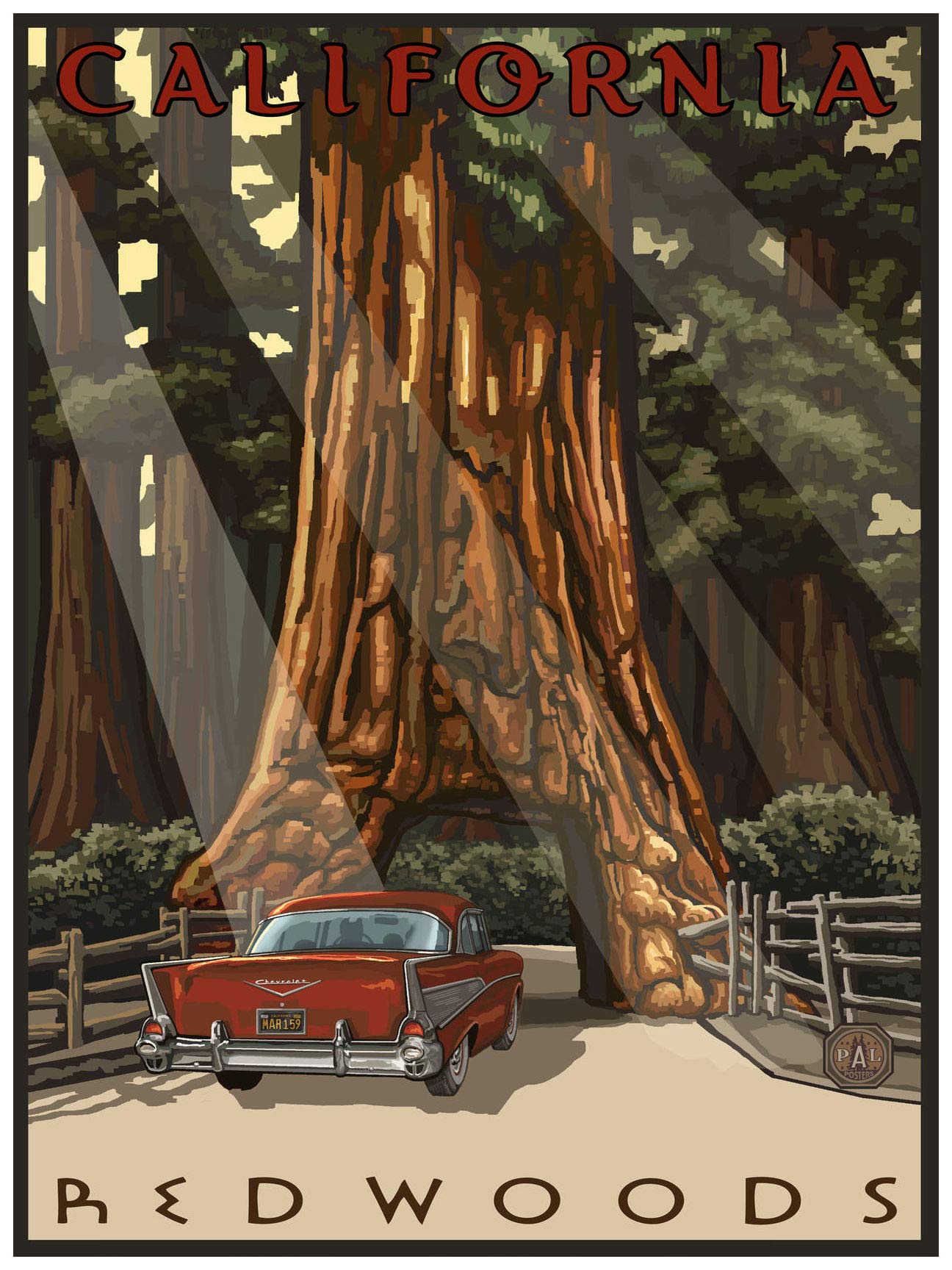 California Redwoods Car Thru Tree Giclee Art Print Poster From Travel Artwork By Artist Paul A. Lanquist 18'' X 24''
