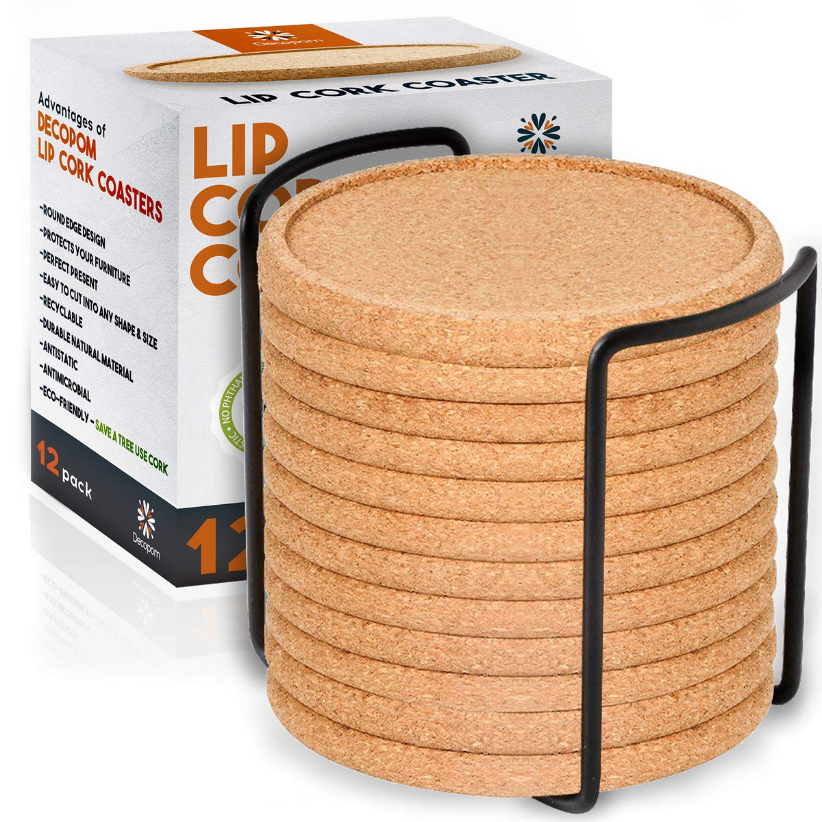 Cork Coasters With Lip For Drinks Absorbent | 12 Set 4 Inch Thick Rustic Saucer With Metal Holder Heat & Water Resistant | Best