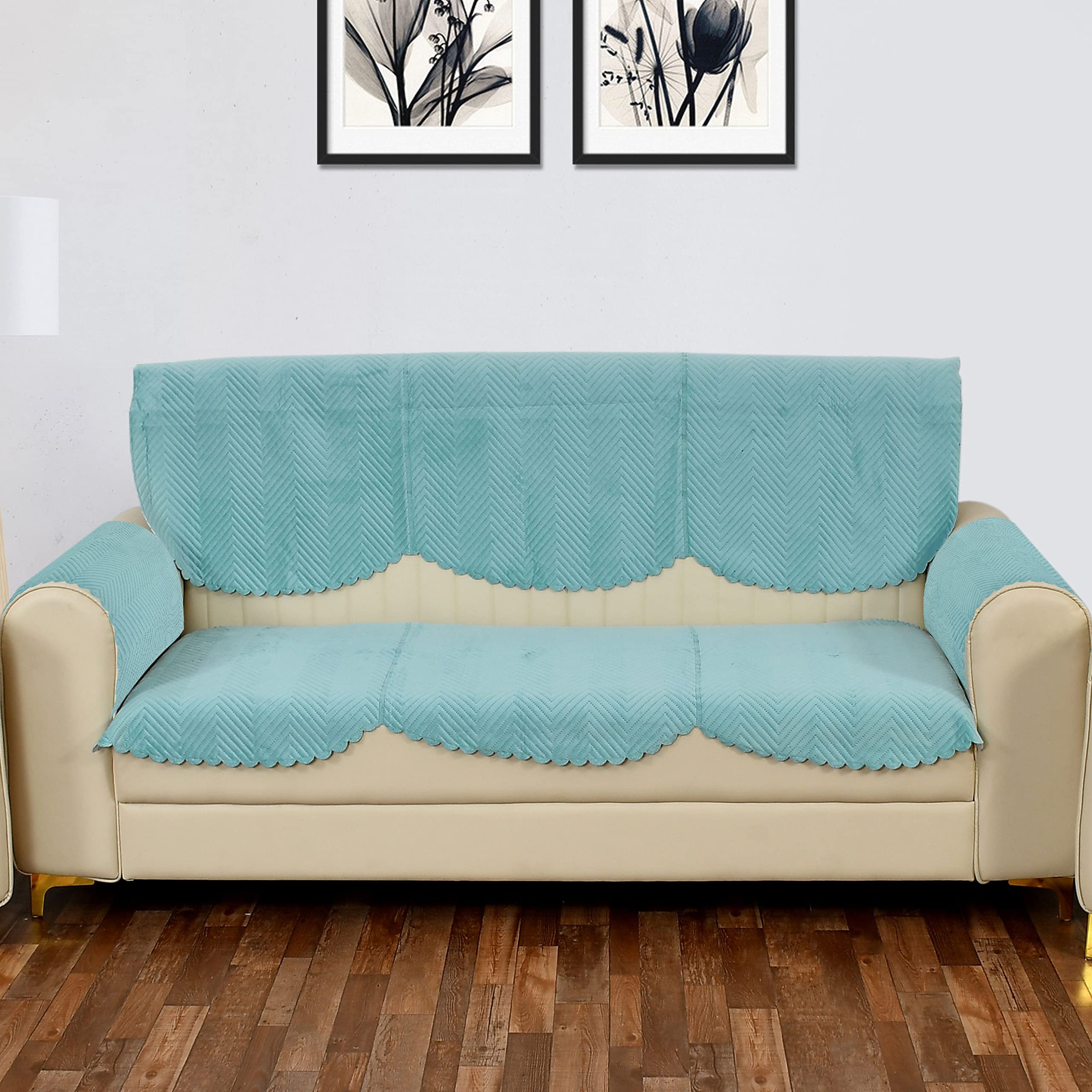 Yellow Weaves 3 Seater Quilted Sofa Cover And Chair Cover With Arm Cover, Seat & Back Cover, Color - Sky Blue - Velvet