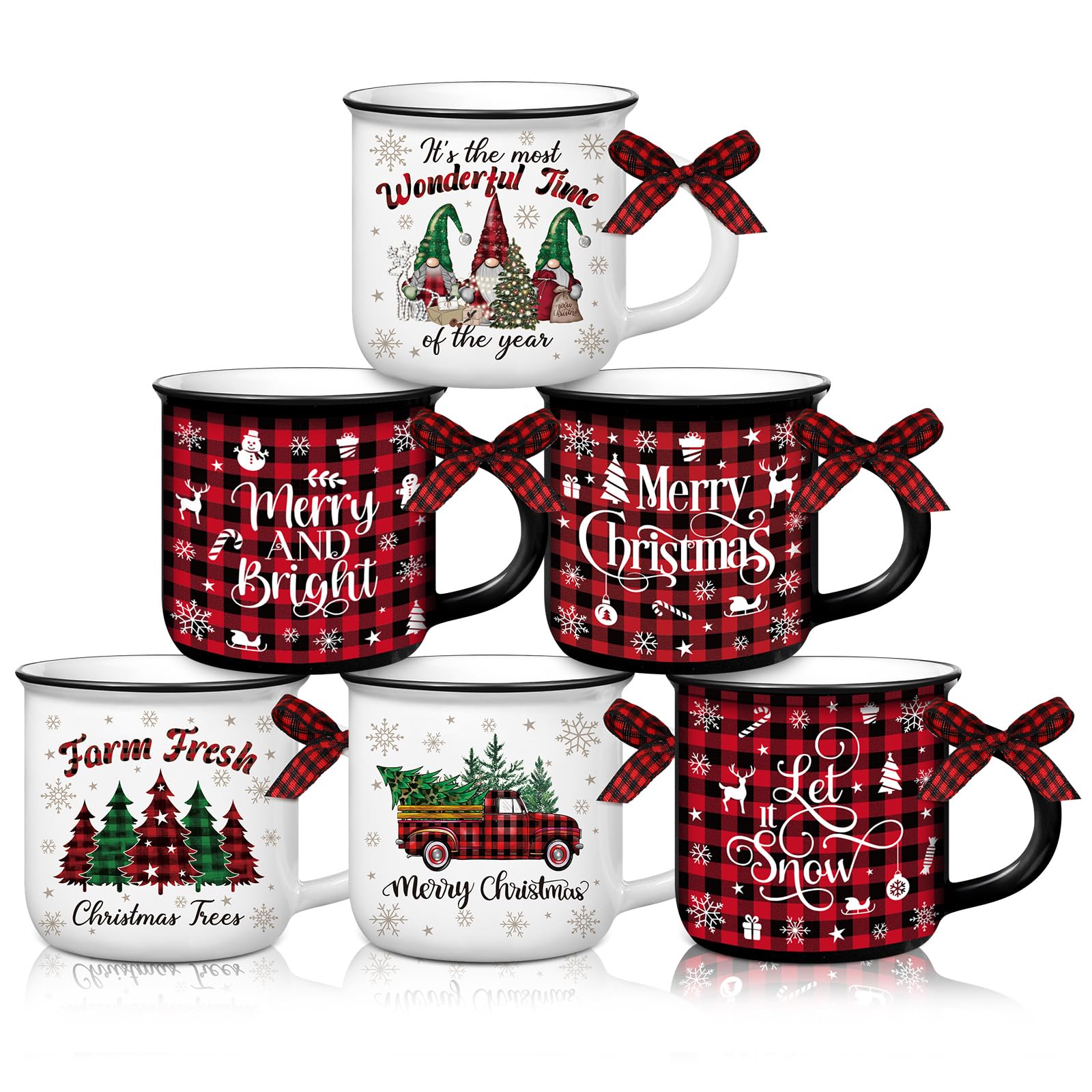 Suttmin 6 Pcs Christmas Mini Coffee Mugs Gifts with Plaid Ribbons Red Black Plaid Xmas Tree Truck 5 oz Christmas Ceramic Cups fo