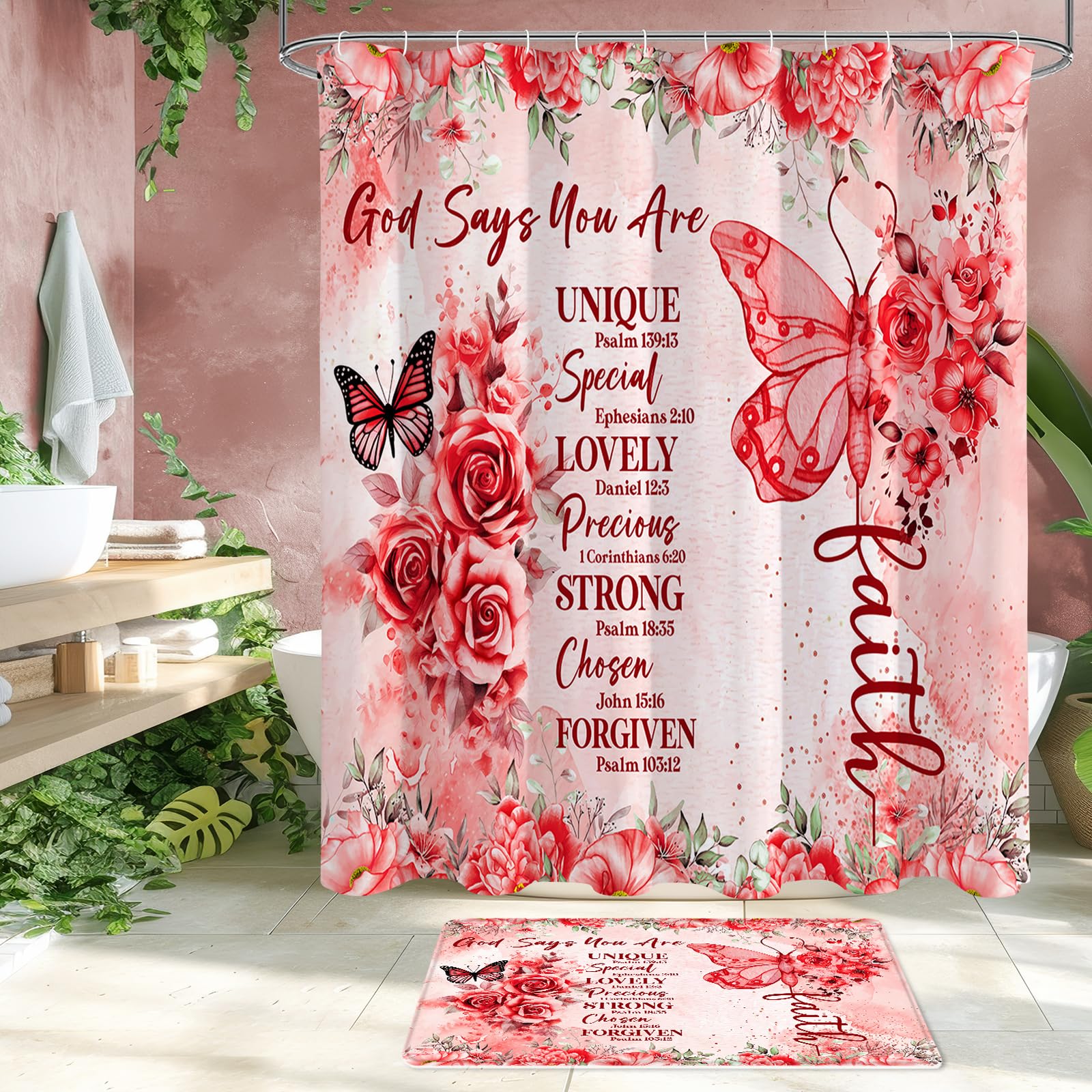 Litabel 4 Pcs Red Butterfly Inspirational Quotes Shower Curtain Set With Rugs And Toilet Lid Cover, Colorful Boho Waterproof Fab