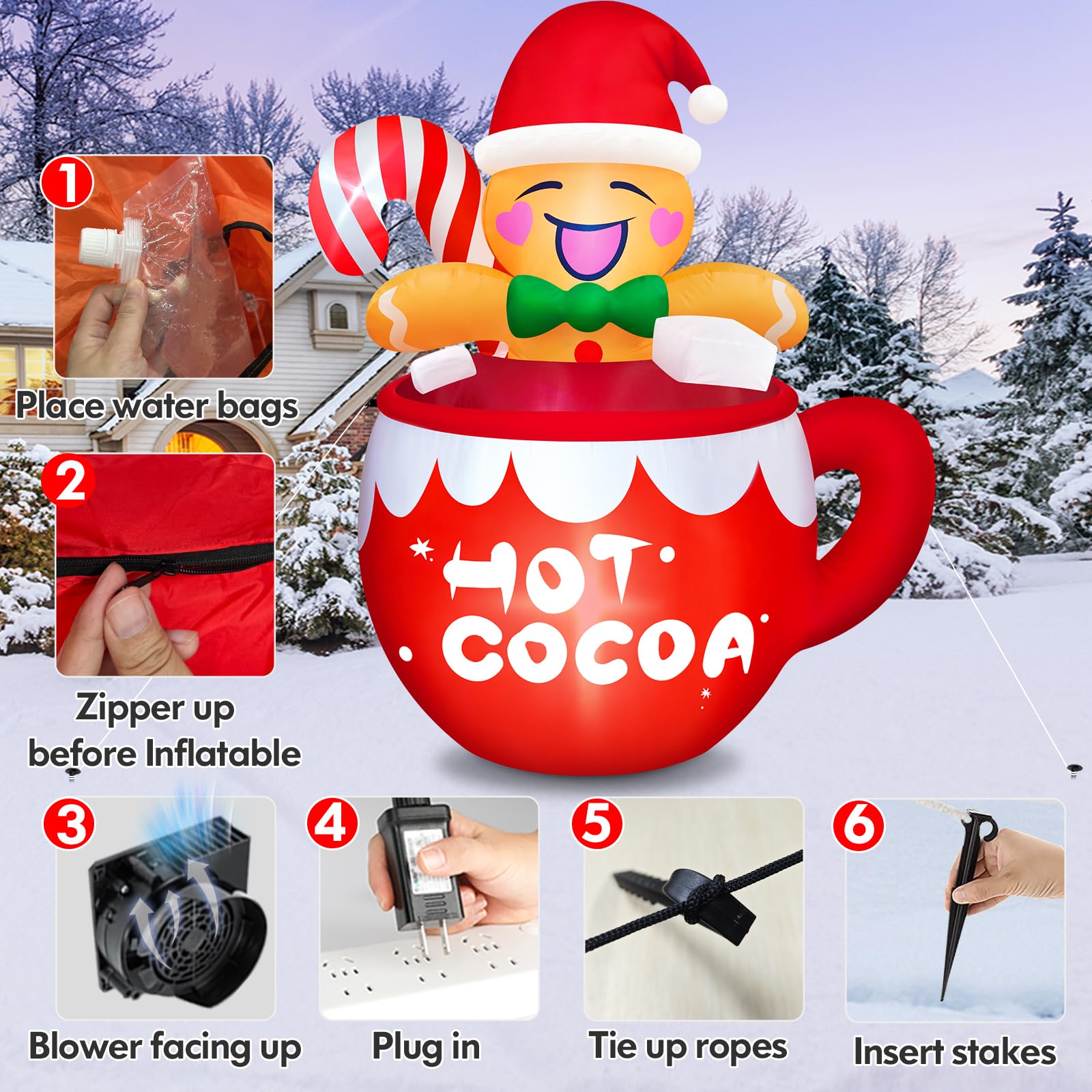 Danxilu 6FT Christmas Inflatable Outdoor Decorations, Cute Blow Up Hot Cocoa Gingerbread Man with Candy Canes Built-in LED Xmas