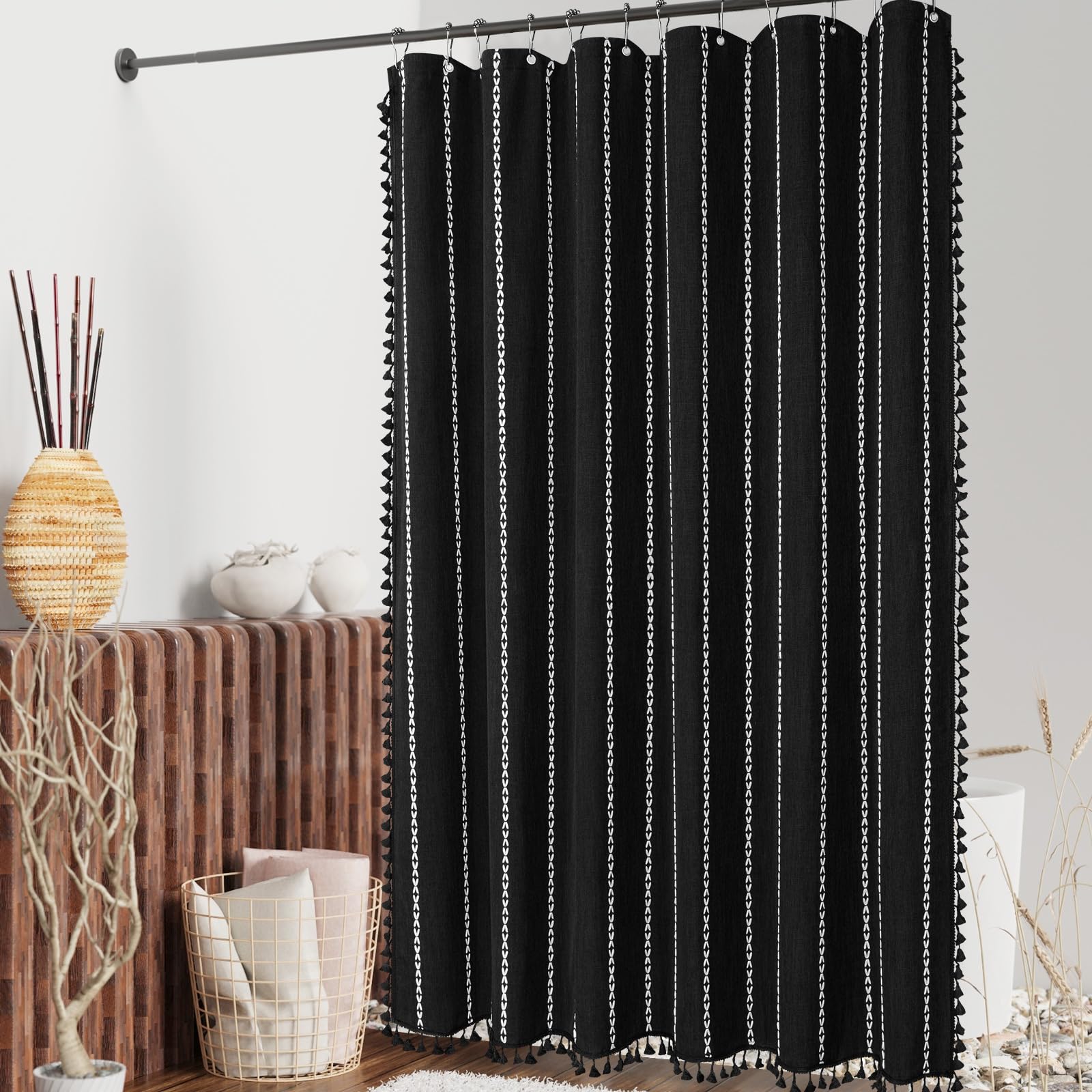 Mitovilla Boho Extra Long Shower Curtain 72 X 84, Black 84 Inch Xl Cotton Linen Tassel Fabric Shower Curtain Set With Hooks For
