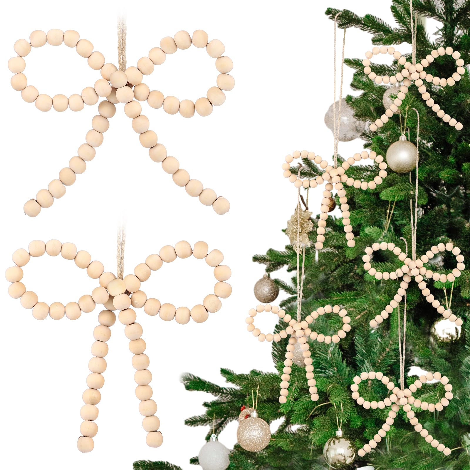 Yalikop 12 Pcs Wooden Christmas Tree Ornaments Wood DIY Beads Bow Ornament Rustic Boho Natural Bead Hanging Decorative for Xmas 