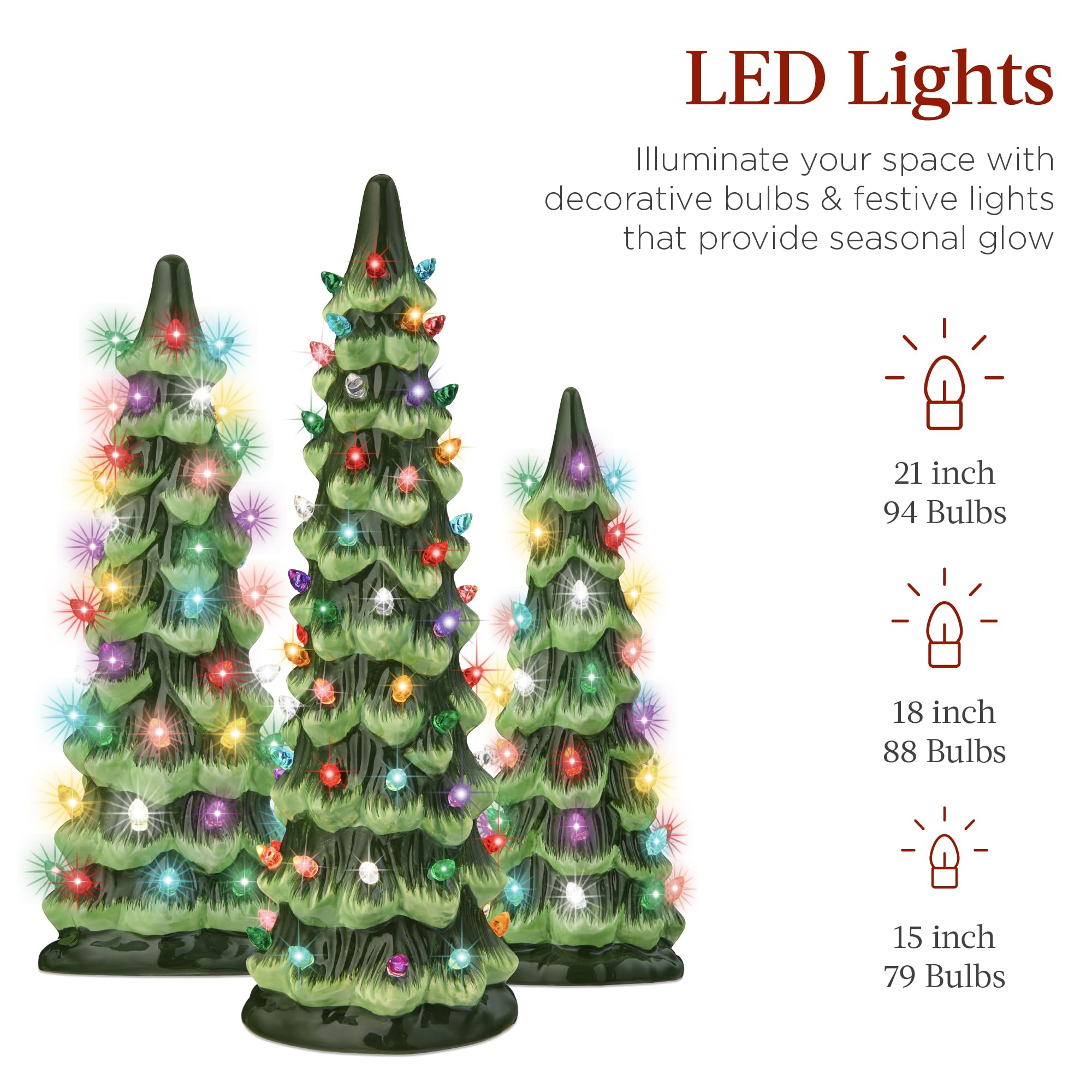 Best Choice Products Set of 3 XL Ceramic Christmas Trees, Pre-Lit Hand-Painted Tabletop Holiday D  cor w/Multicolor Bulbs, LED L