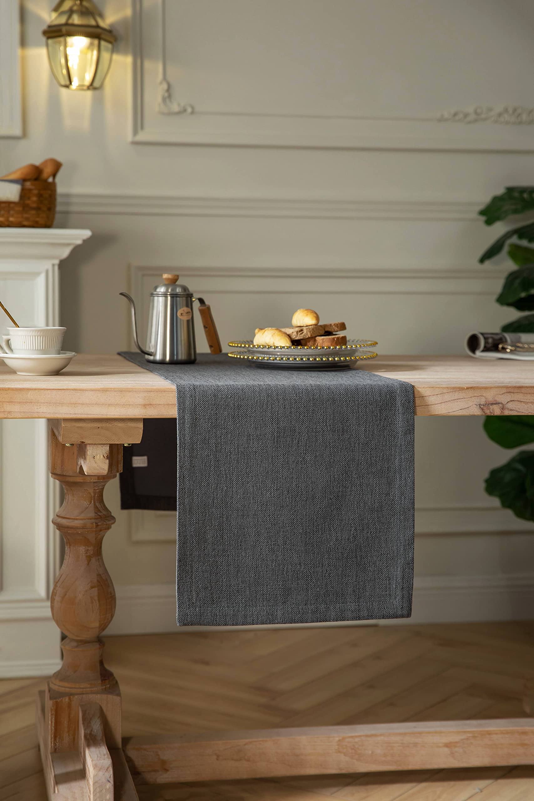 Zeemart Burlap Style Farmhouse Table Runners 90 Inches Long, Grey Rustic Woven Dining Table Runner For Everyday Use, 14X90 Inche