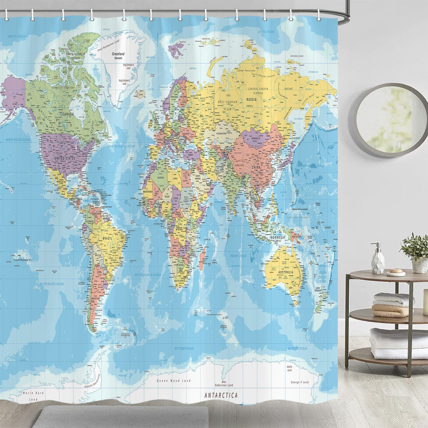 Tomoz Map Shower Curtain, World Map Shower Curtain Fabric, Geography Educational Bathroom Shower Curtain With Hooks, Kids Bathro