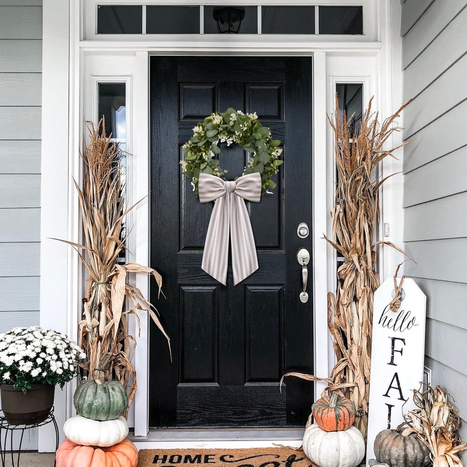 2 Pack Wreath Sash for Front Door Stripe Boxwood Sash Garland Porch Decor Wreath Accessories (Beige and White Stripe)