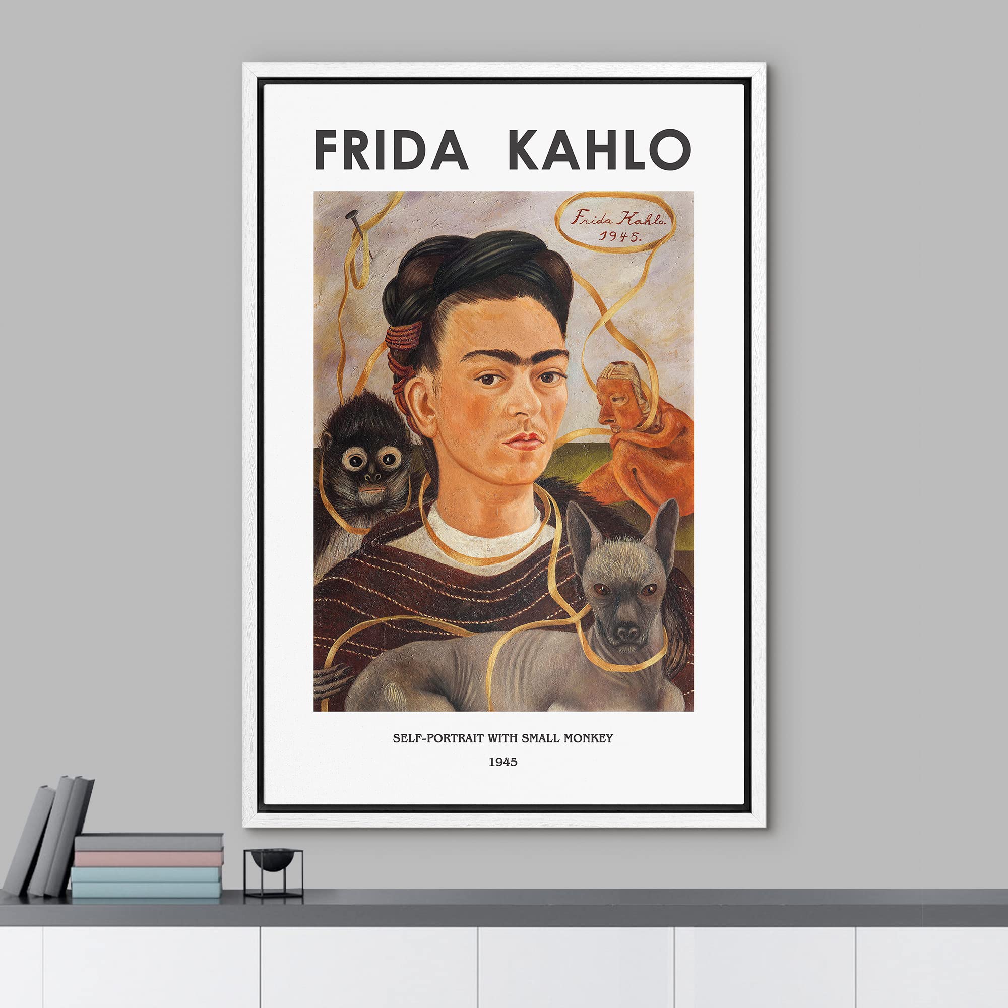 Idea4Wall Framed Canvas Print Wall Art Self-Portrait With Small Monkey By Frida Kahlo Historic Cultural Illustrations Fine Art V