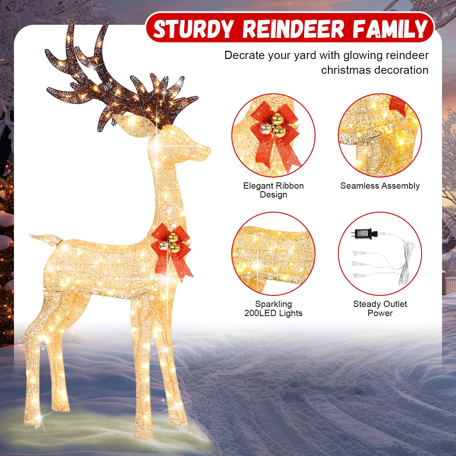 3-Piece 5Ft Lighted Christmas Deer Family Set, 3D Outdoor Christmas Decorations Yard with 280 Warm White LED Lights for Outdoor