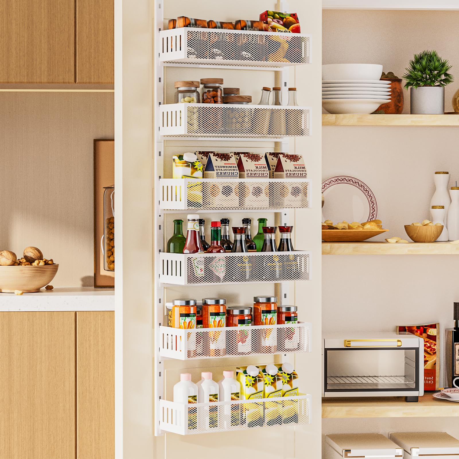 DAOTENGQL 6Tier Over The Door Pantry Organizer with Mesh Baskets, Adjustable & Stable Hanging Spice Rack for Kitchen, Bathroom,