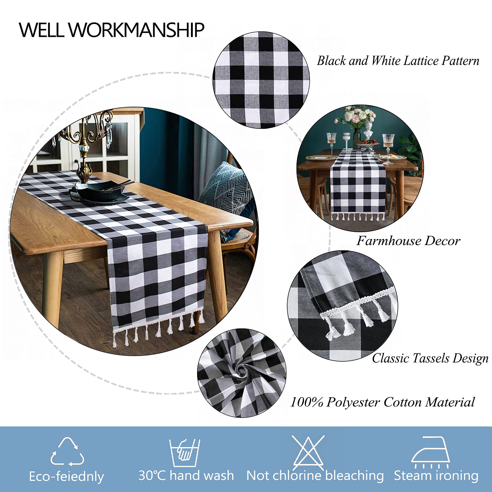 Duobao Black And White Checkered Table Runner 90 Inches Long Halloween Tablecloth Runners Buffalo Plaid Fabric With Tassels Ging