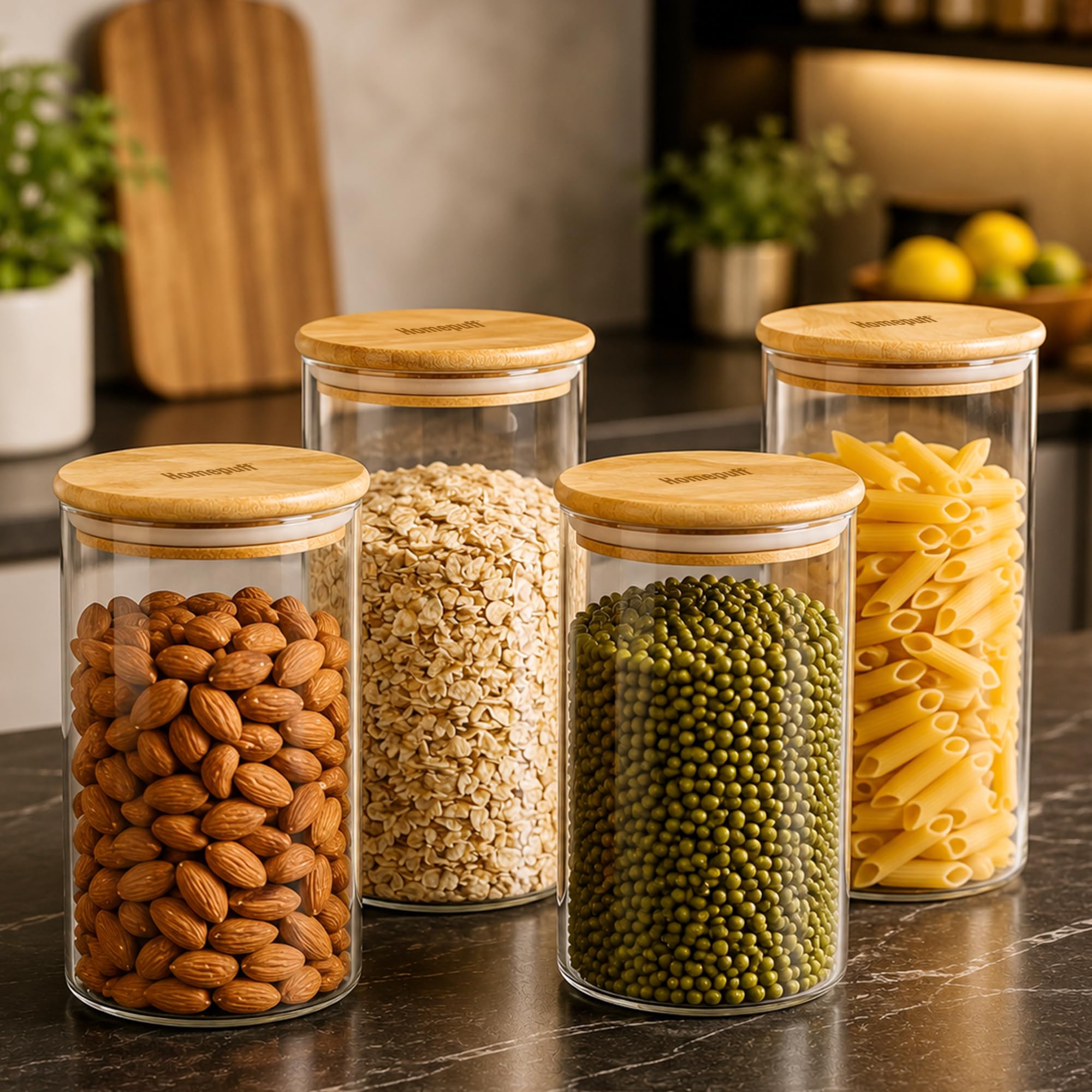 Home Puff Glass Canisters Set Of 4 X 750Ml| High Borosilicate Glass Food Grade Jar Storage Containers With Bamboo Lids, Airtight