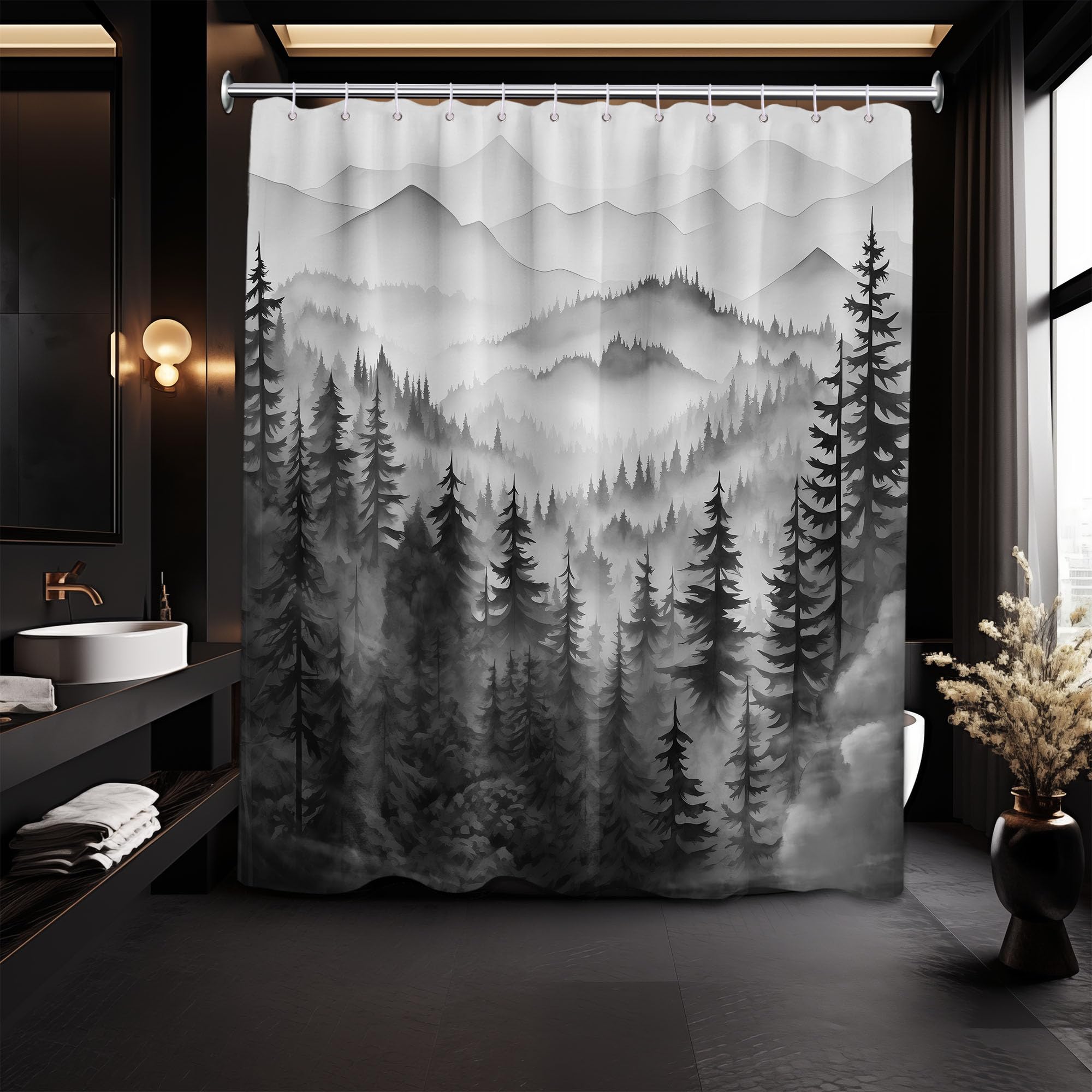 Qghot Mountain Shower Curtain Forest, Black And White Nature Shower Curtains For Mens Bathroom Decor Grey Rustic Woodland Pine T