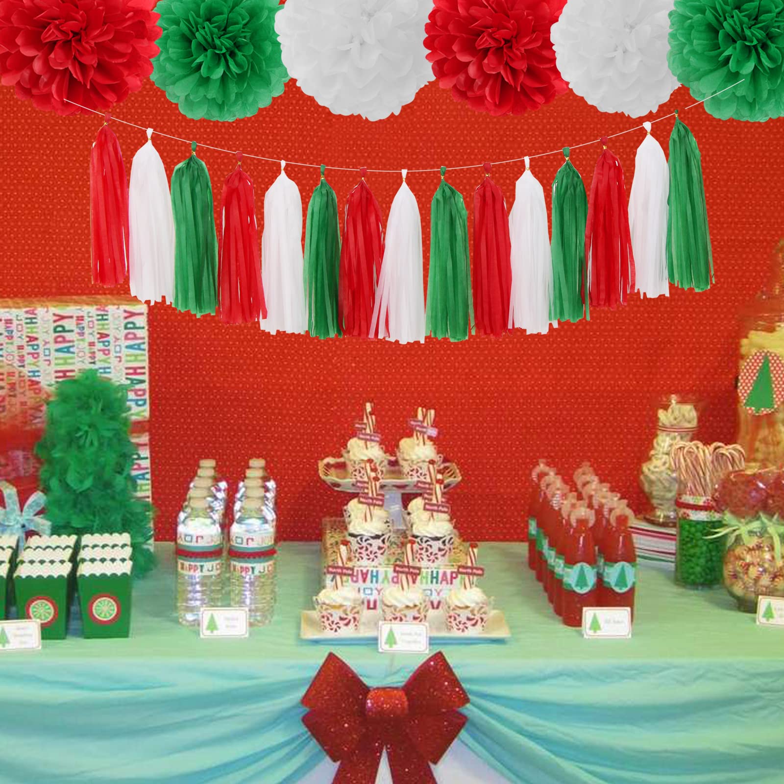Red-Green White Christmas Party-Decorations Tassel-Garland -15pcs Mexico Italy Tassels Banner Streamers,Mexican Italian Birthday