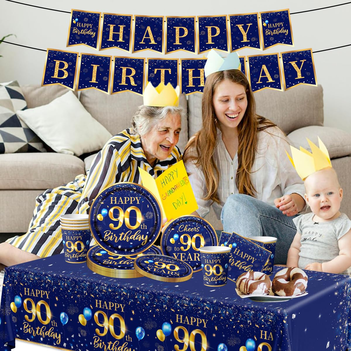 90Th Birthday Decoration Men-142Pcs Navy Blue And Gold Birthday Tableware Set(Serve For 20) Include Happy 90Th Birthday Banner P