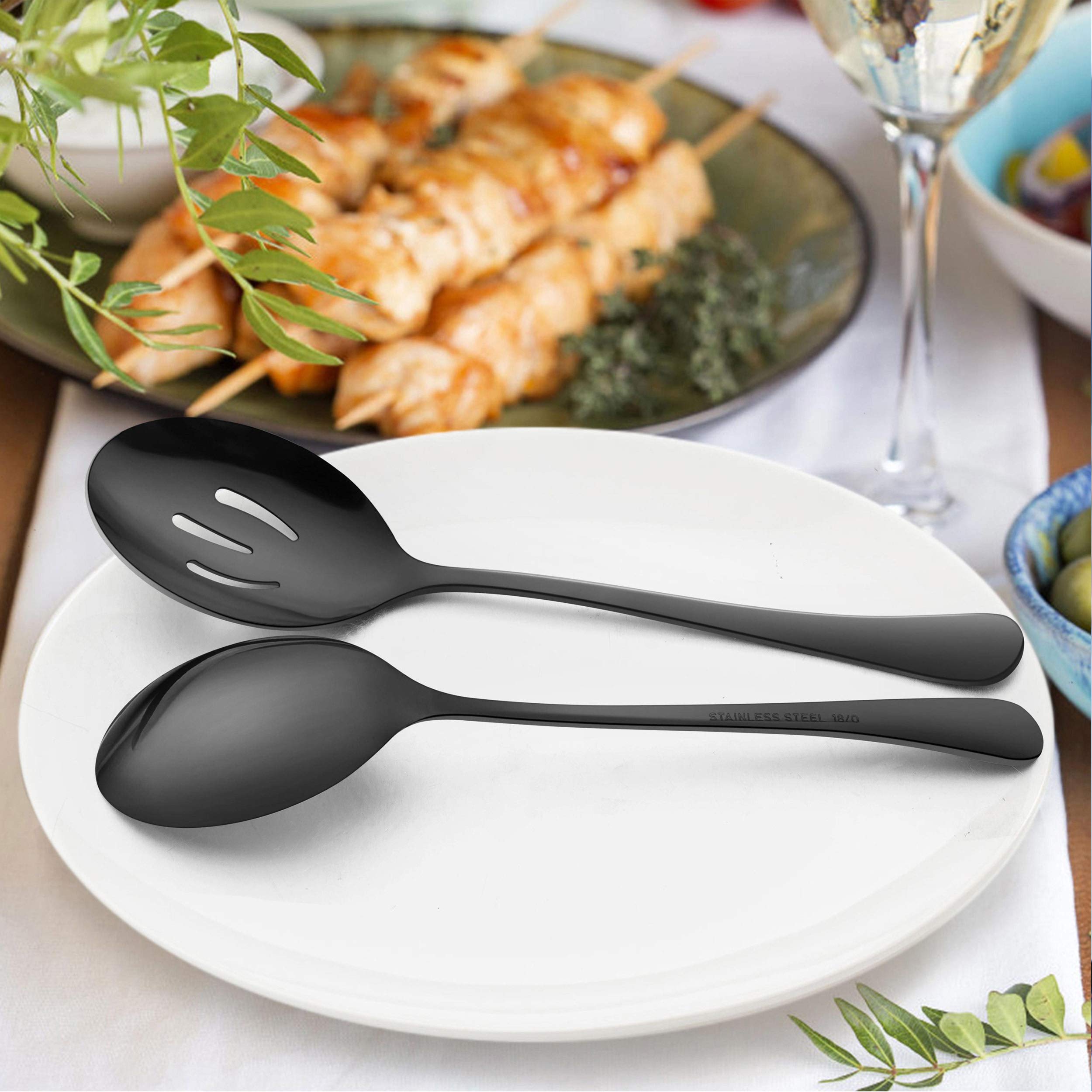 Lianyu 6-Piece Large Black Serving Spoons, Black Slotted Spoons, Stainless Steel Serving Utensils For Party Buffet Restaurant Ba